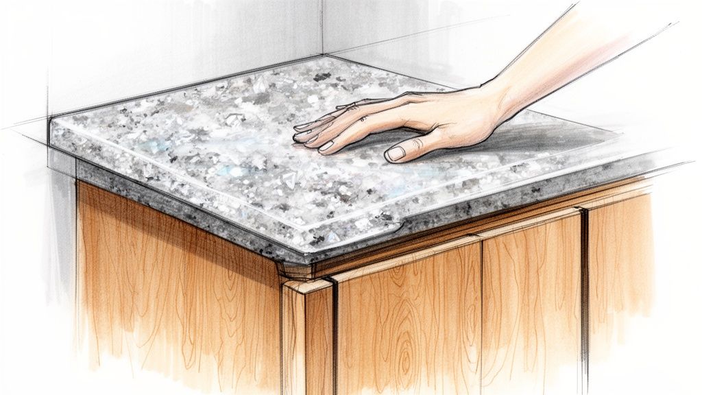 Detaljeret tegning af en hånd, der rører ved en lys granitbordplade over træskabe.