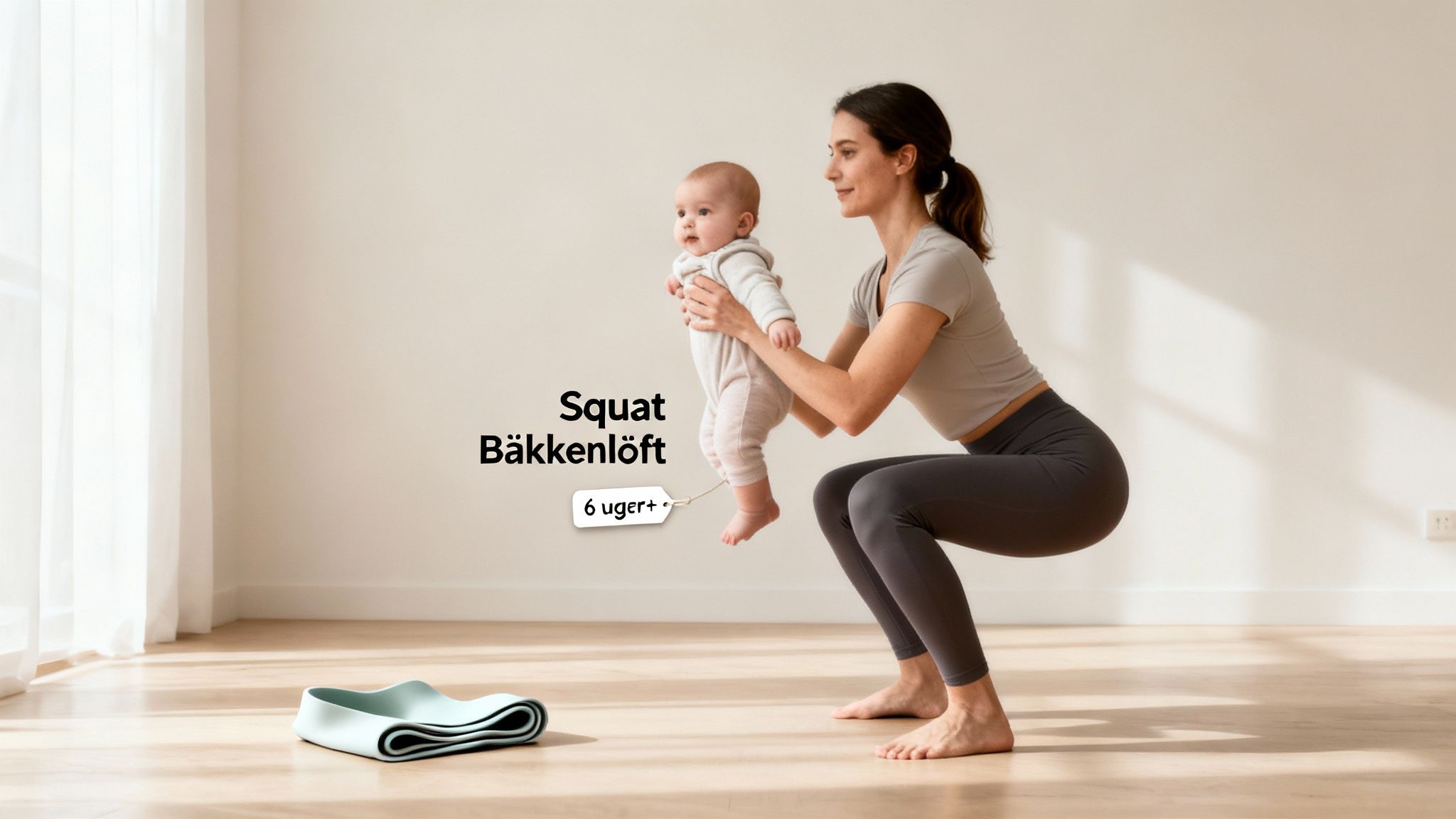 En kvinde udfører squat med sin baby, med tekst 'Squat Bækkenløft, 6 uger+'.