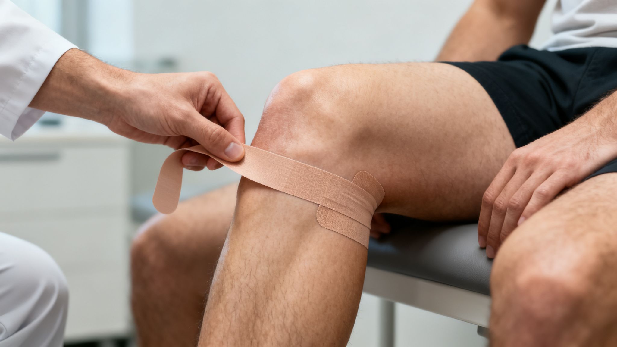 En læge lægger kinesiologi tape på en patients knæ i en klinikindstilling.