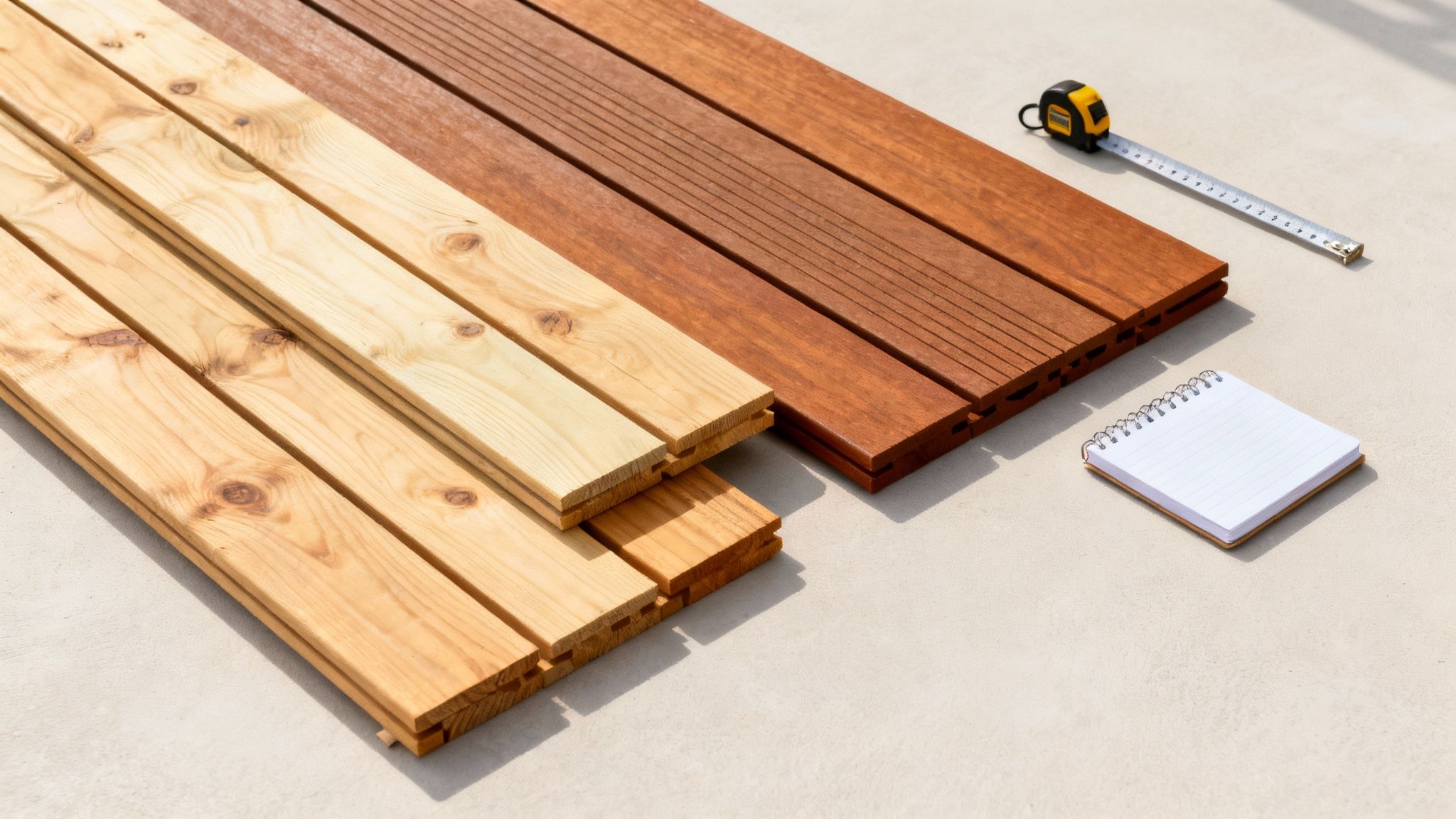 En smuk ny træterrasse i gyldent træ med havemøbler