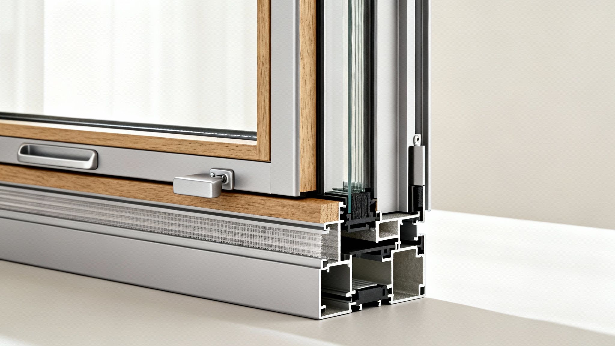 Detaljeret tværsnit af et moderne vindue med isolerende glas og holdbare rammer i træ og metal.