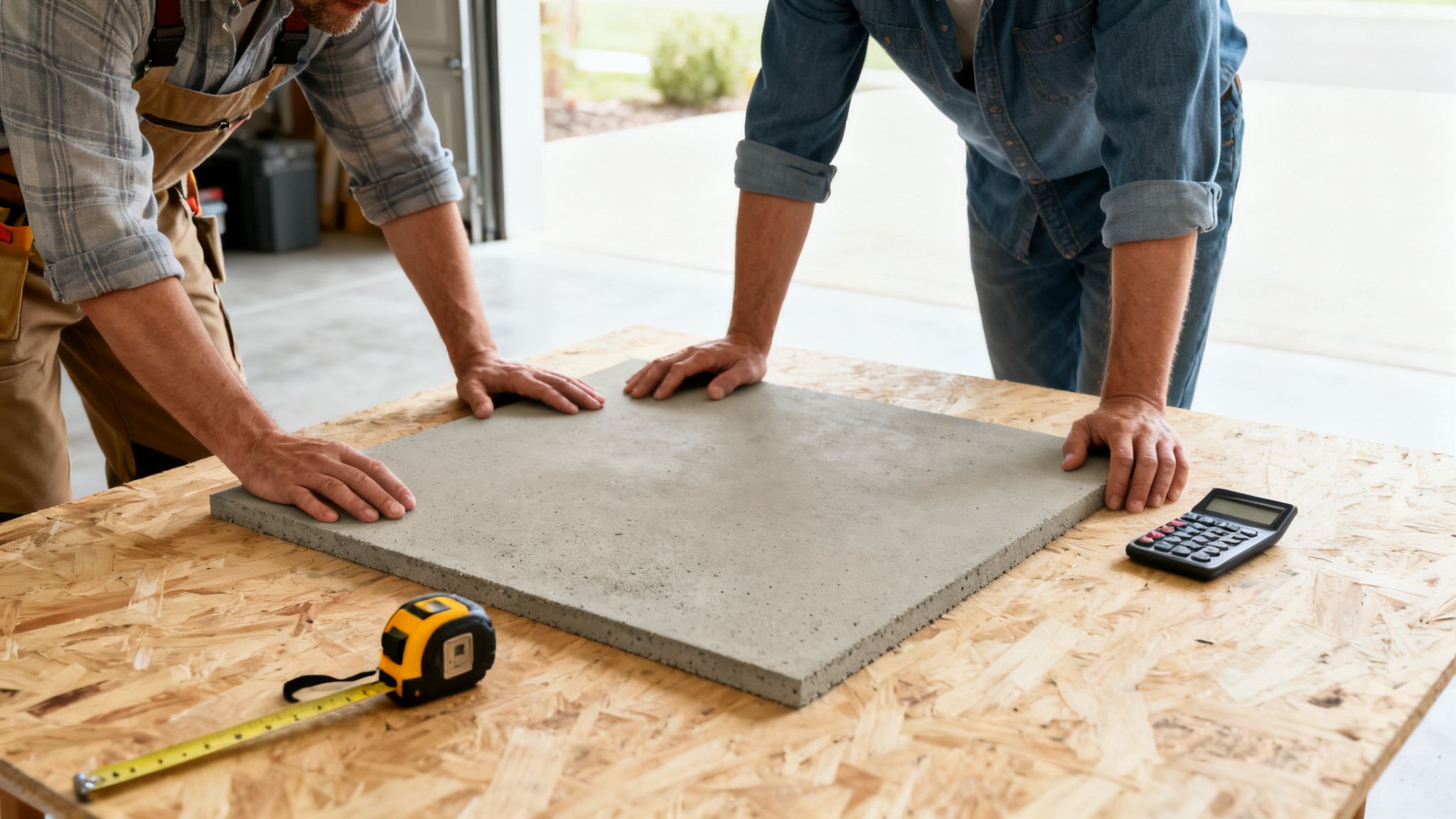 To mænd arbejder sammen med en stor betonplade på et træbord i et værksted. Et målebånd og en lommeregner ligger ved siden af.