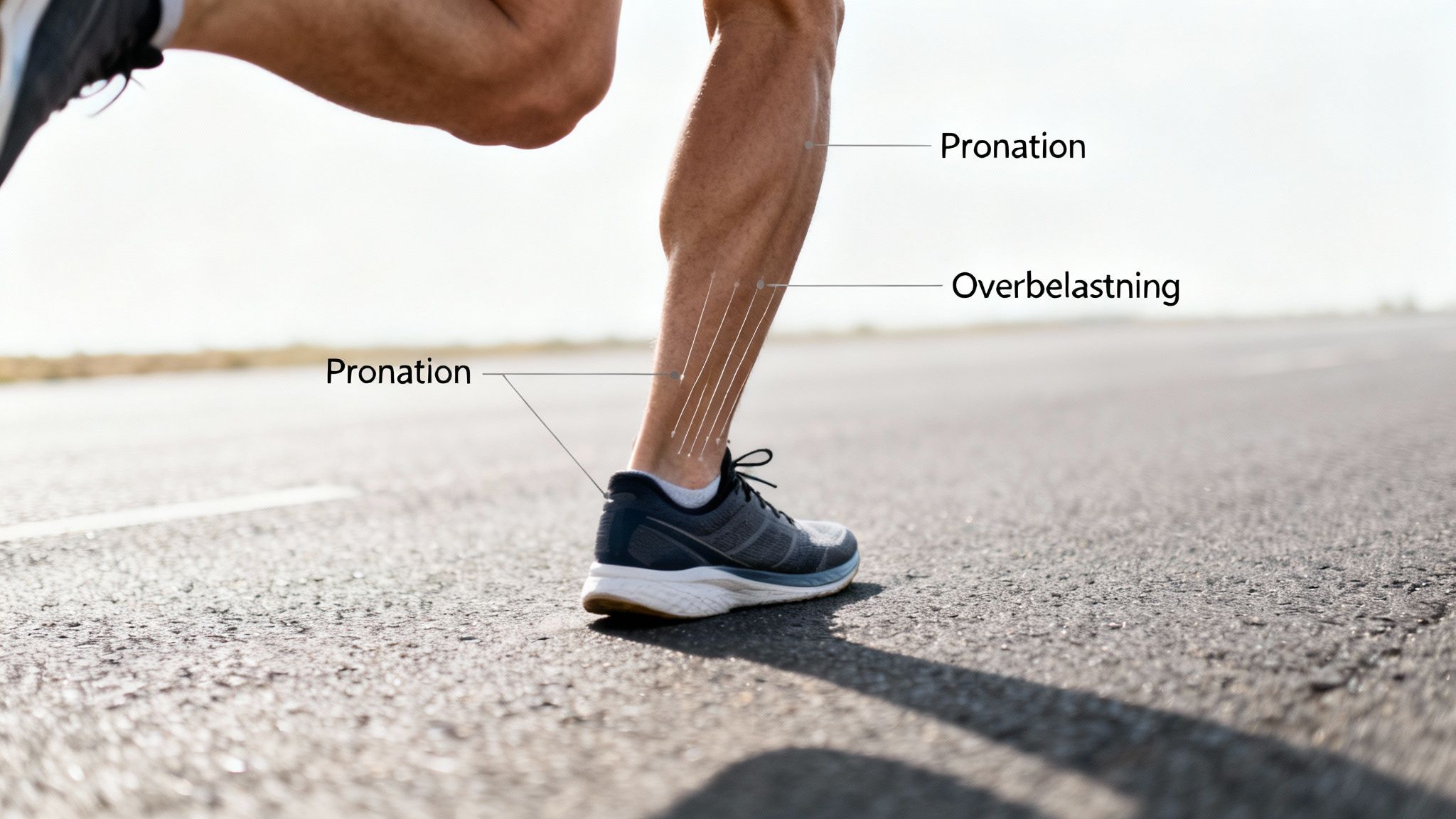 Løber med fokus på underben og fod, der viser pronation og risiko for overbelastning.