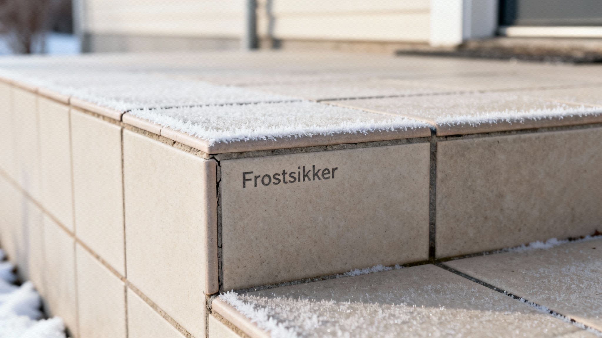 Detaljeret billede af udendørs fliser på en trappe dækket med rimfrost og teksten 'Frostsikker'.