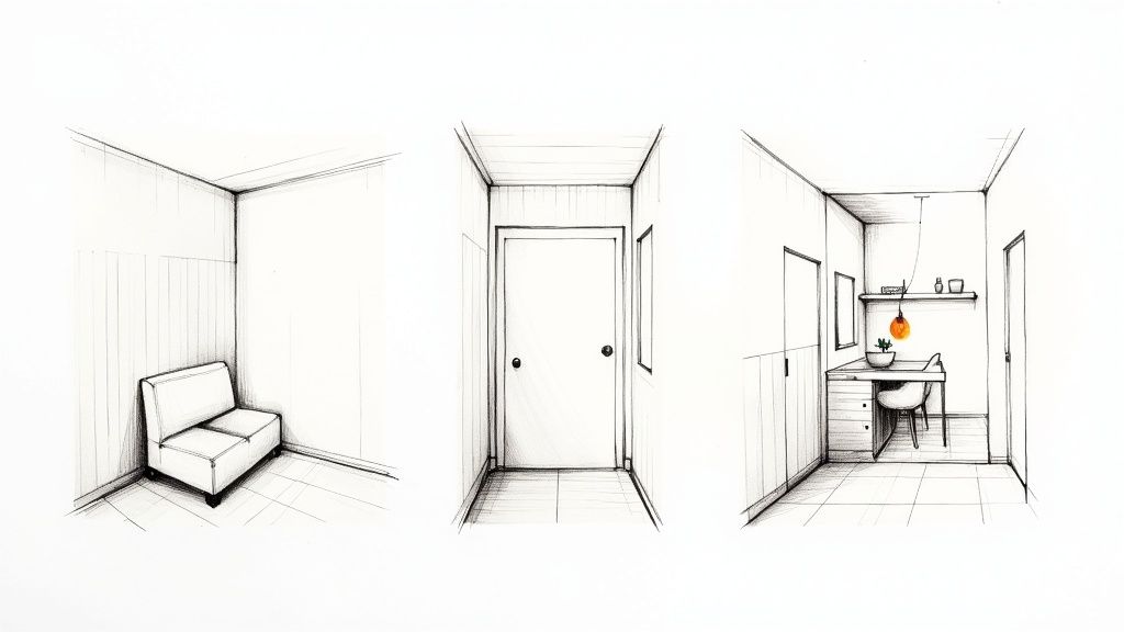 Tre enkle, sort-hvide skitser af minimalistiske interiørrum, herunder en sofa, dør og arbejdsområde.