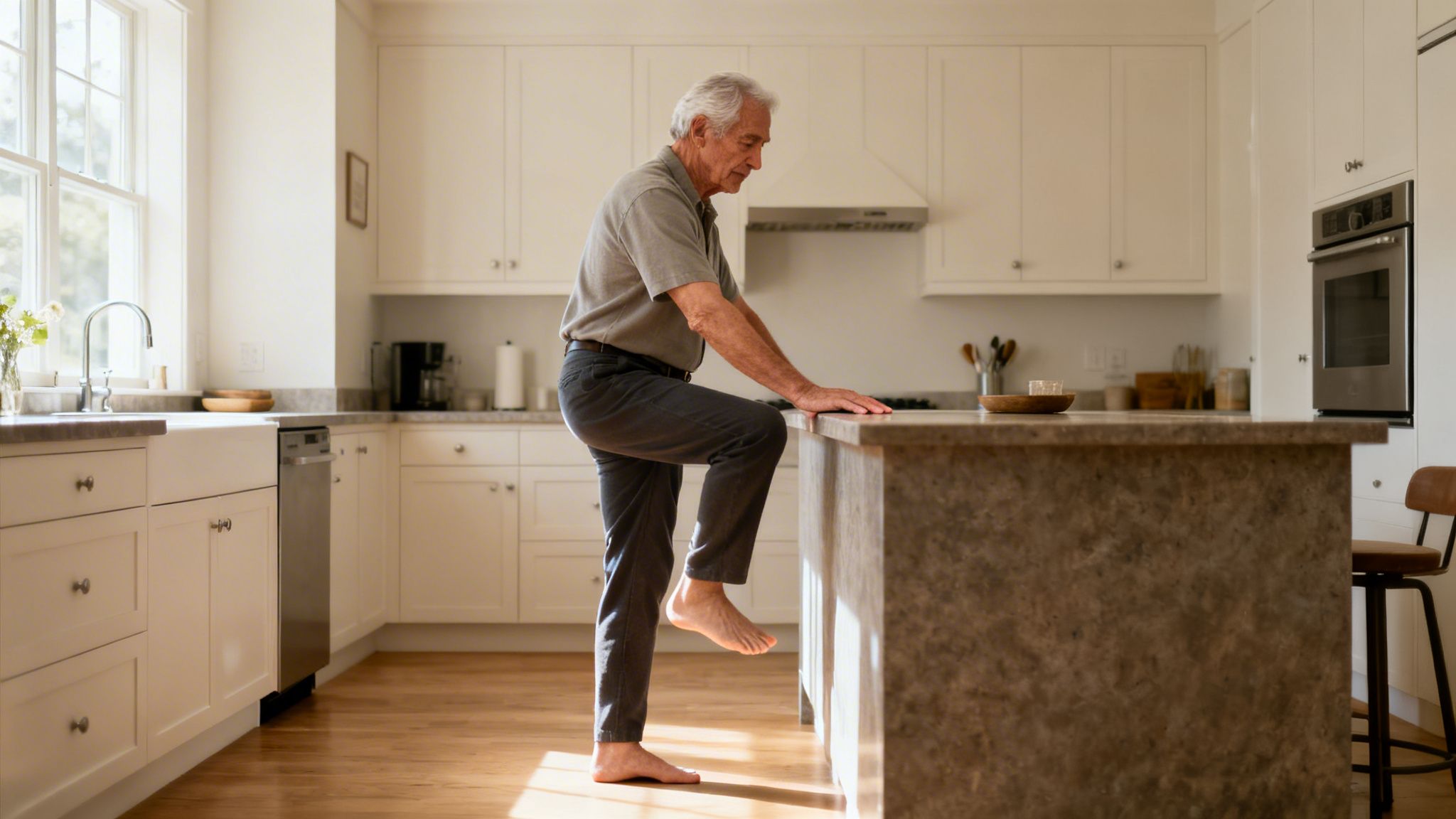 Ældre mand udfører balanceøvelser i et lyst køkken, støttende sig til en køkkenø.