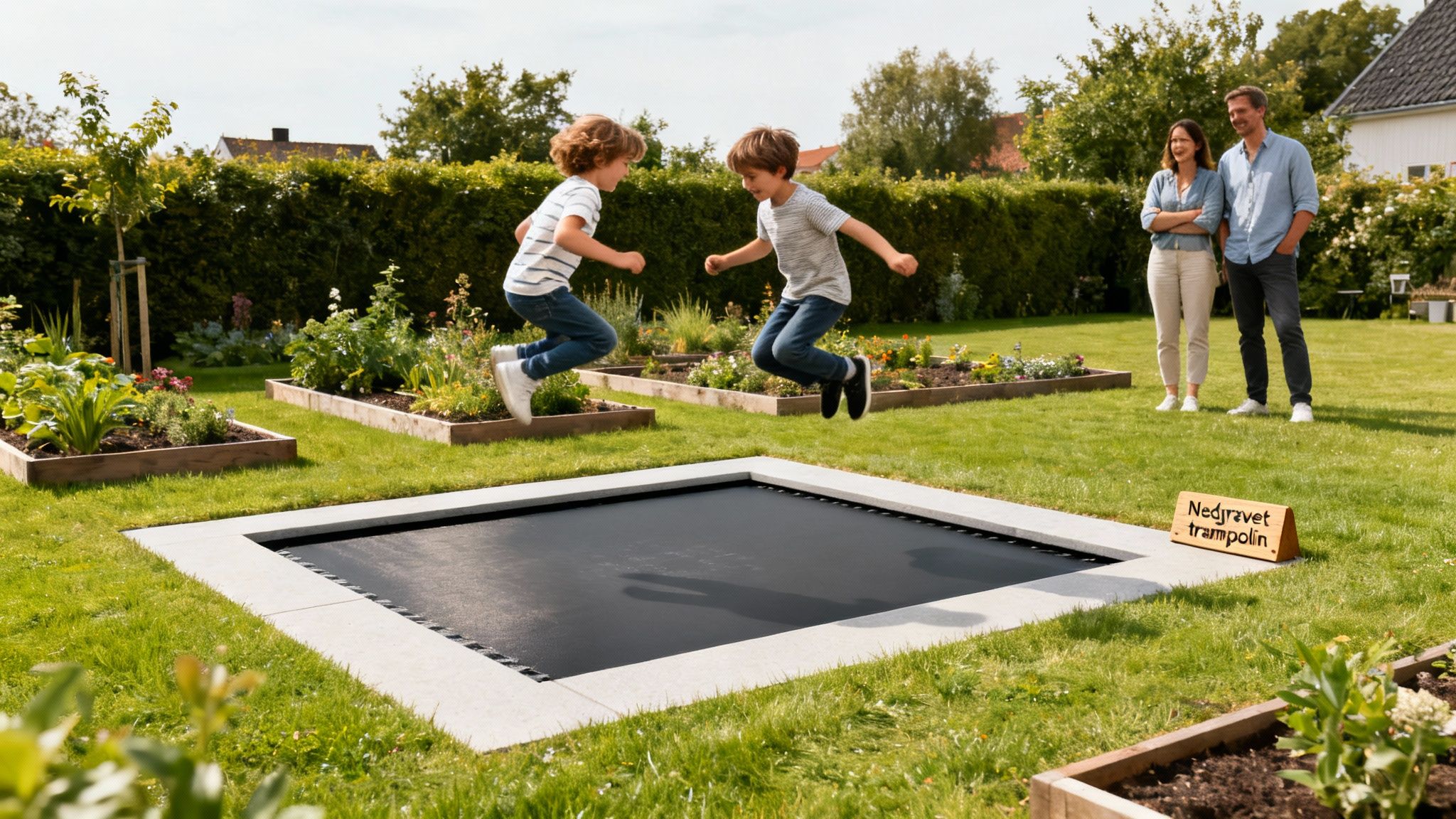 To drenge hopper med glæde på en nedgravet trampolin i en grøn have, mens forældre ser på.