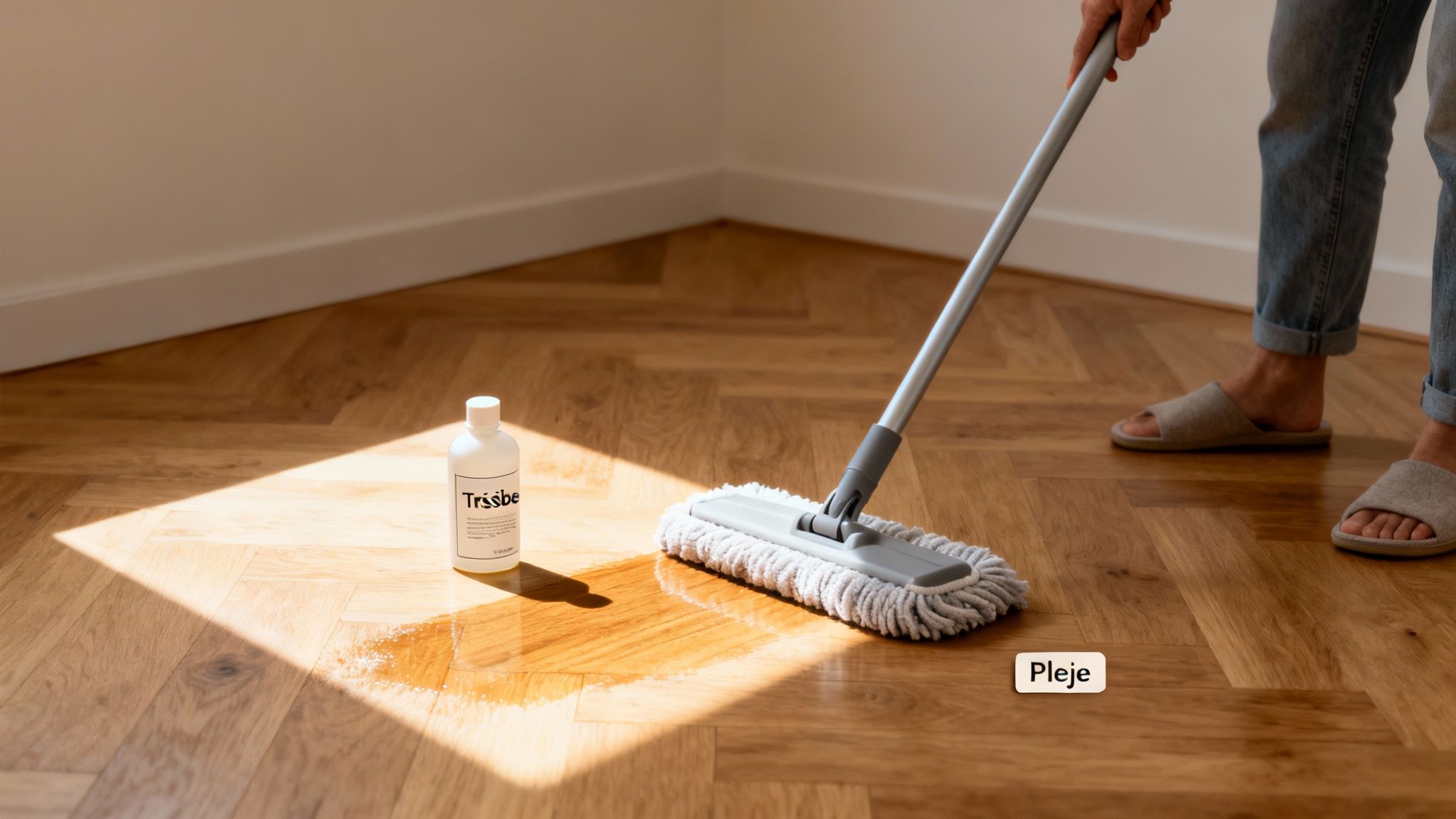 En person mopper et skinnende trægulv med en moppe og en flaske rengøringsmiddel, badet i sollys.
