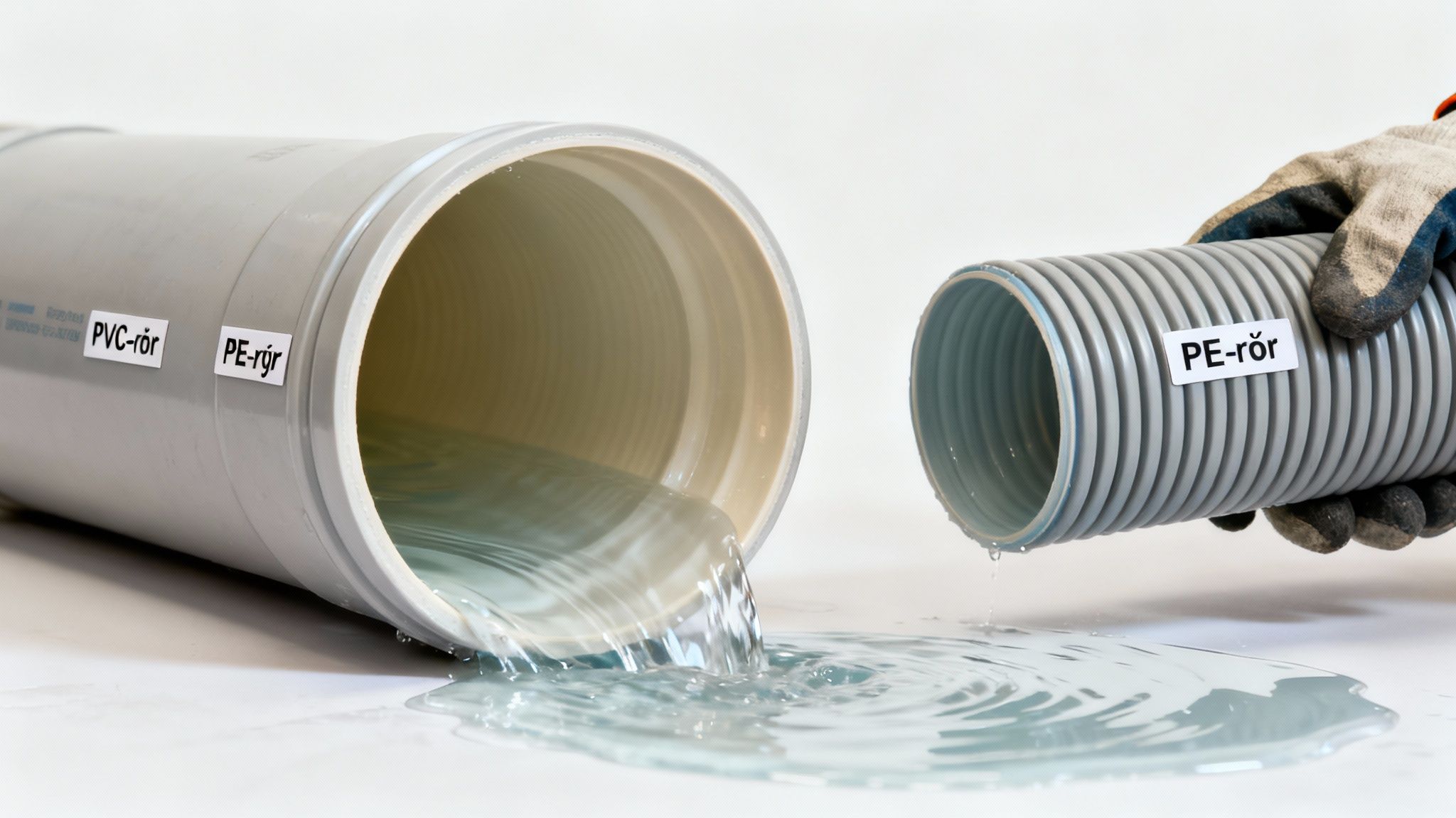 Vand lækker fra grå PE-rør og PVC-rør, der ligger på et hvidt underlag.