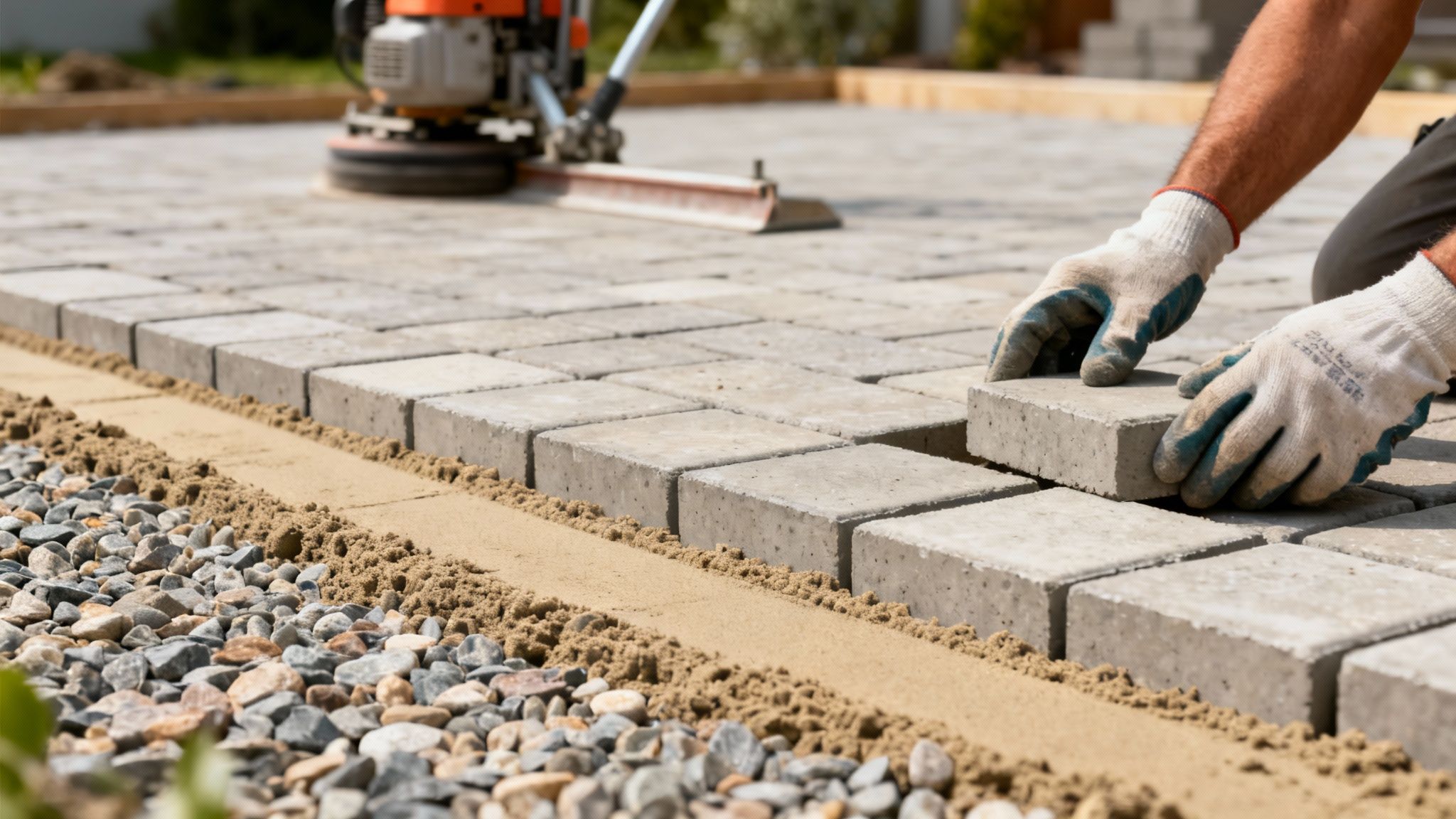 Håndværker lægger grå fliser på sandunderlag. Pladevibrator i baggrunden, grus ved siden af.