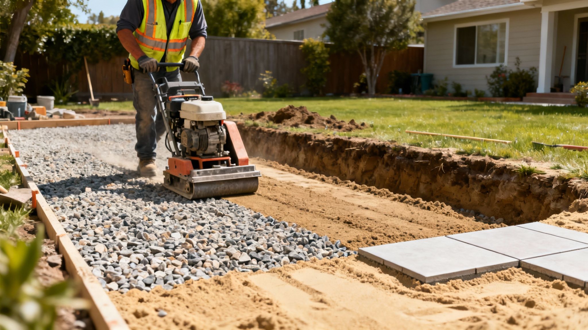 En arbejder komprimerer grus og sand med en pladevibrator til en ny havesti eller terrasse.
