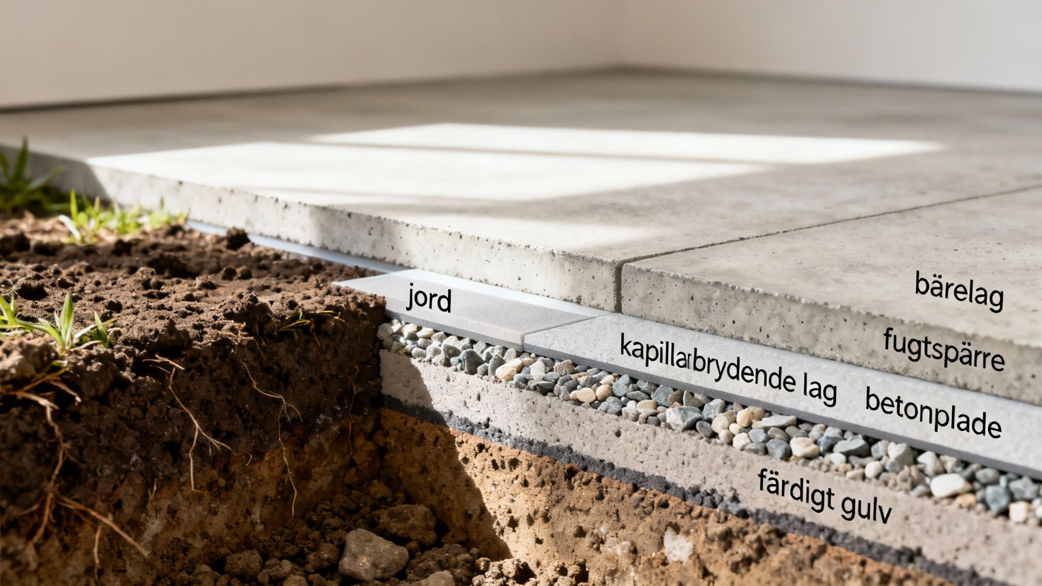 Tværsnit af betongulv viser de forskellige lag fra jord til færdigt gulv, herunder kapillærbrud og fugtspærre.