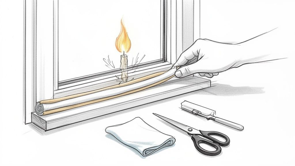 En hånd sætter tætningsliste på et vindue for at isolere mod træk, med et tændt lys.