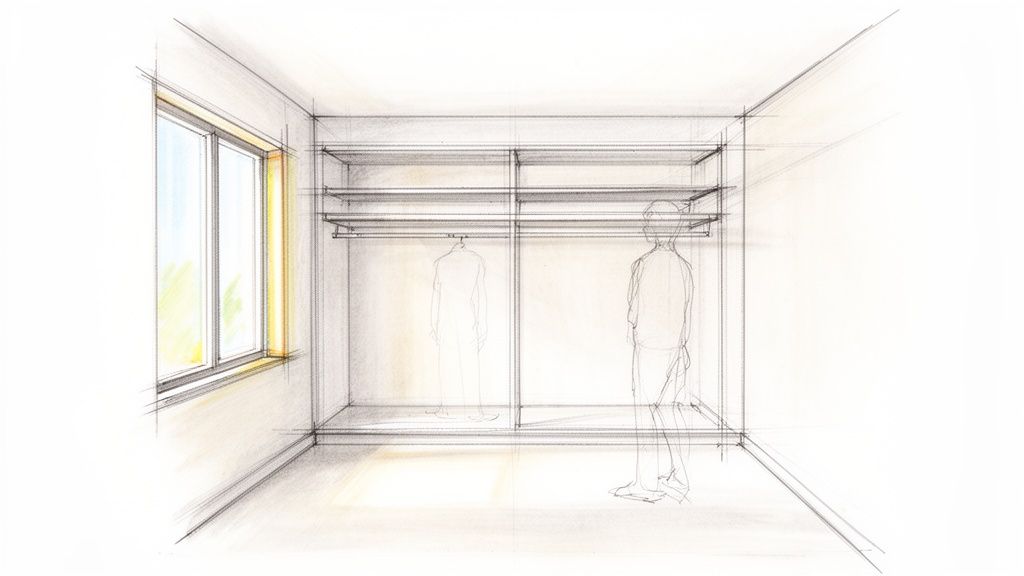 Detaljeret håndtegnet skitse af et påklædningsværelse med vindue, hylder og tøjstænger.