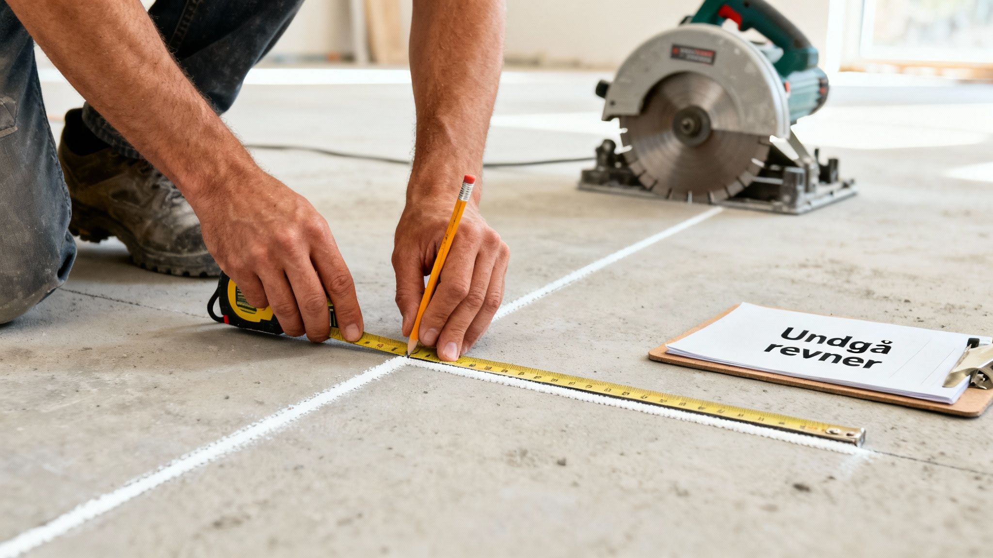 En person måler og markerer et betongulv med blyant og målebånd, med et skilt om at undgå revner under byggearbejde.