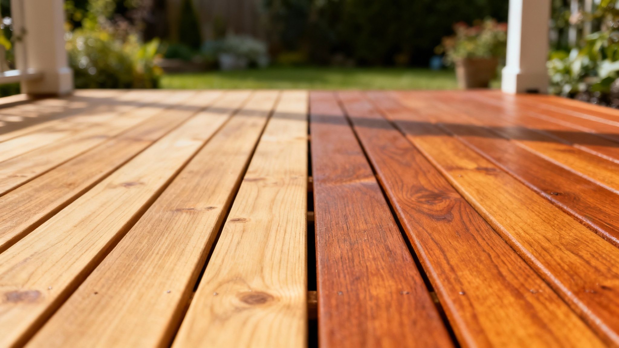En person påfører mørk terrasseolie på en lys træterrasse.