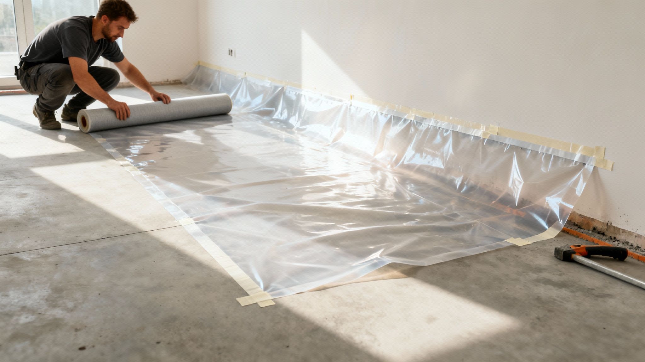 En mand lægger en fugtspærre ud på et betongulv under renovering, med plastikafdækning langs væggen.