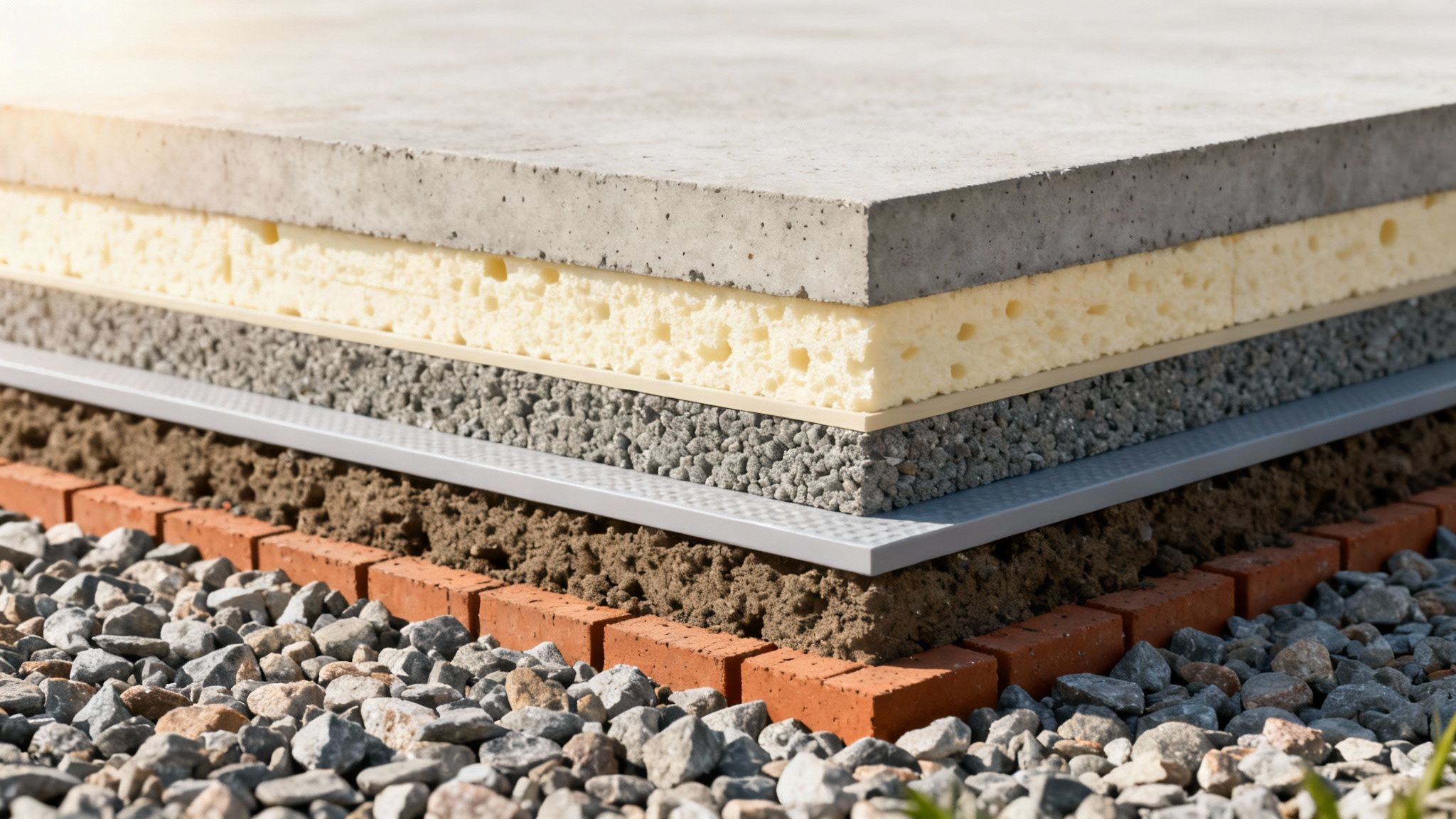 Opbygning af fundament med beton, isolering, drænlag og jord – set i tværsnit.