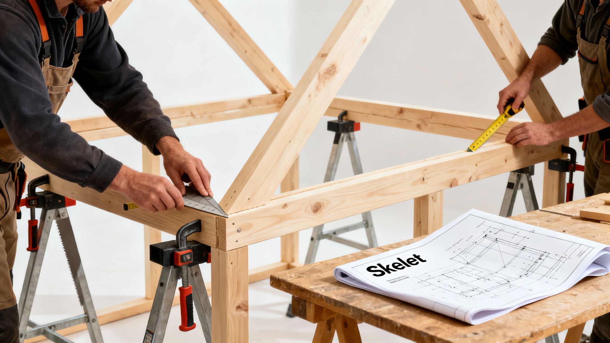 To mænd bygger en trækonstruktion af et shelter, måler og markerer træ med værktøj og har en skitse.