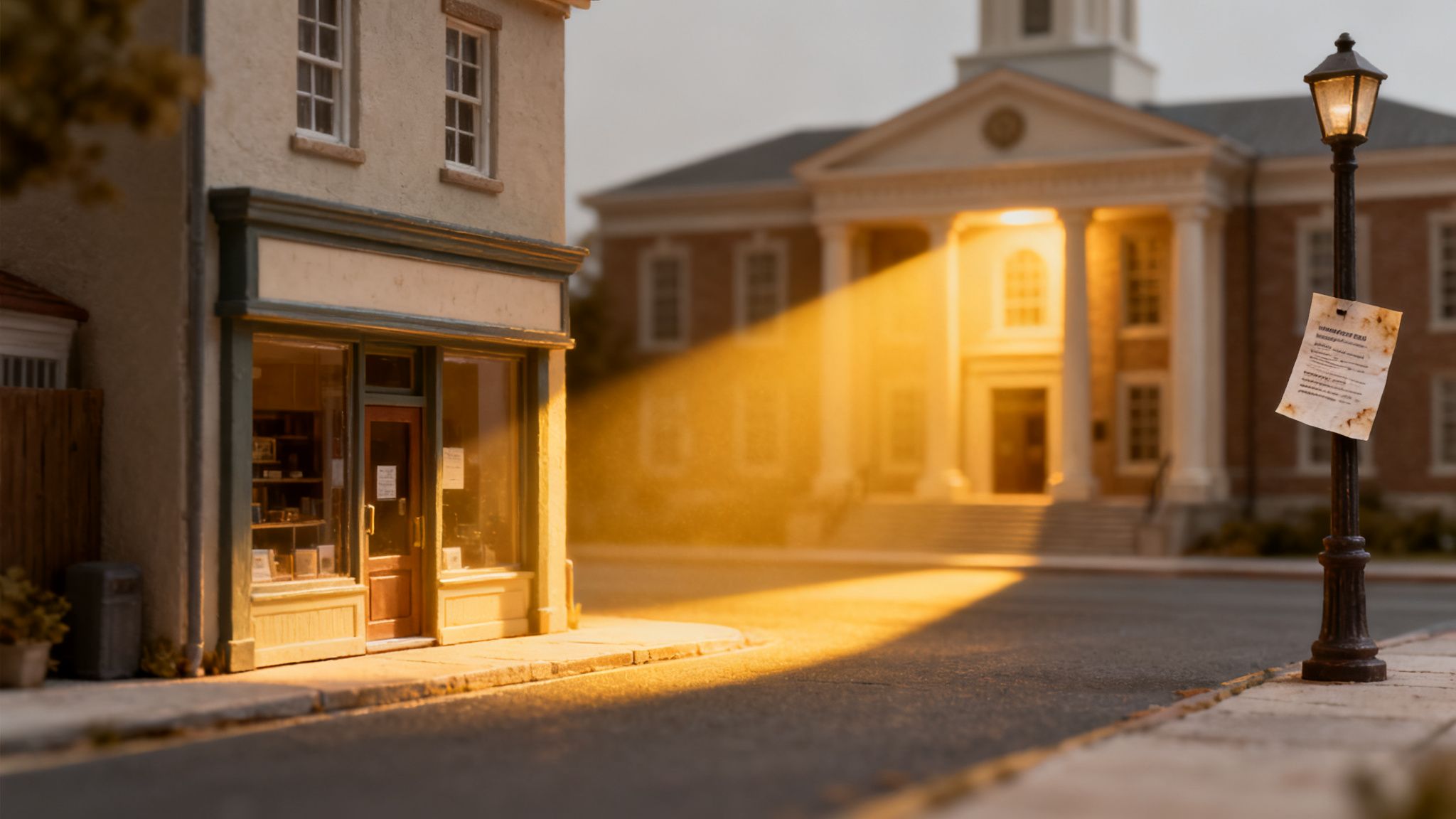 Miniatureby med en butik, gadelampe og en stor offentlig bygning i varmt sollys.