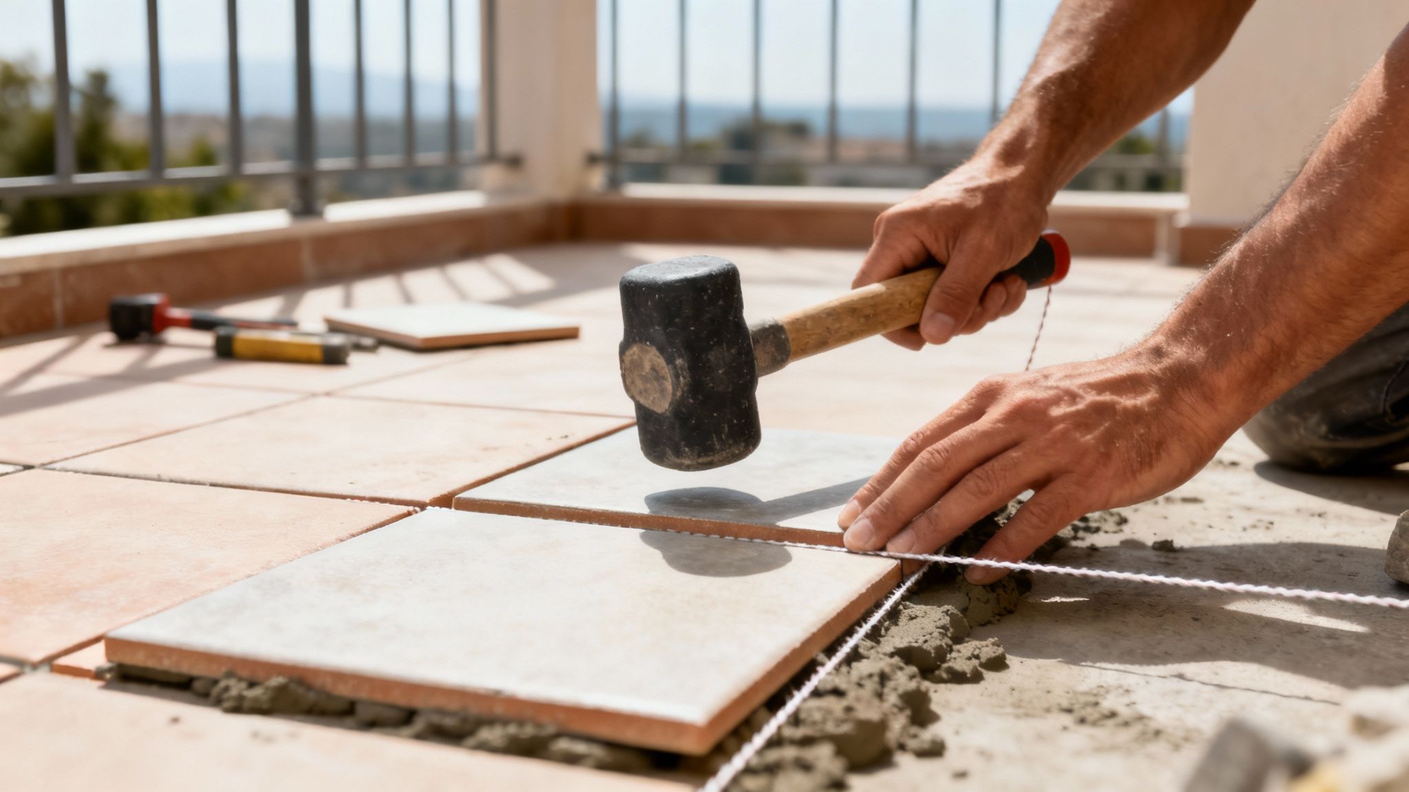 En professionel anlægsgartner er i gang med at lægge store naturstensfliser på en terrasse, hvor man kan se udspændte snore og en gummihammer.