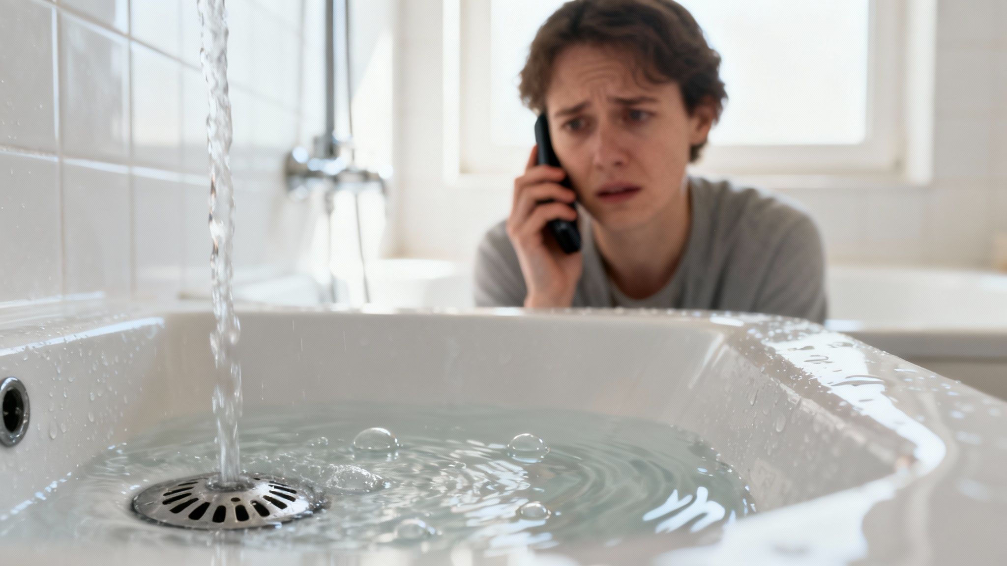 En fortvivlet person taler i telefon, mens vand løber over fra en badeværelsesvask.