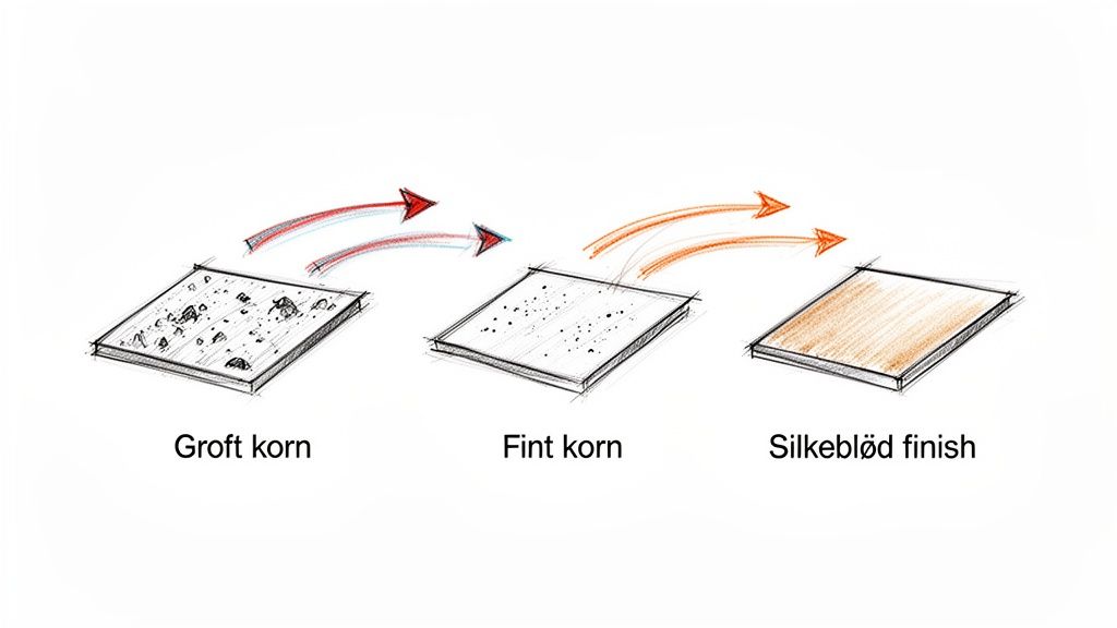 Illustration af overfladebehandling: fra groft korn til fint korn og en silkeblød finish.