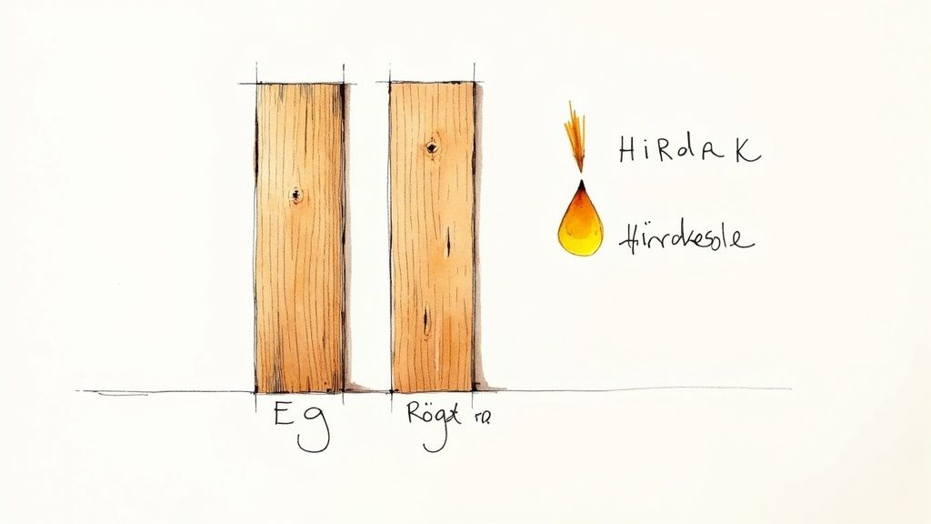 Illustration af to træplanker, mærket 'Eg' og 'Røgt ra', med forklaring om træbehandling.