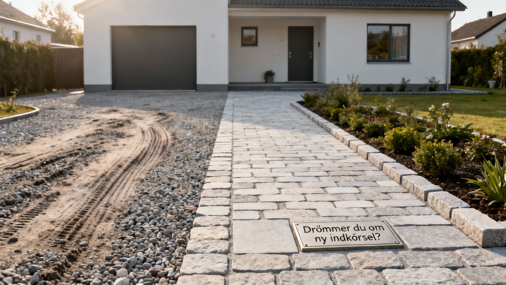Moderne hvidt hus med stenbelagt sti og grusindkørsel med dækspor. Et skilt spørger om ny indkørsel.