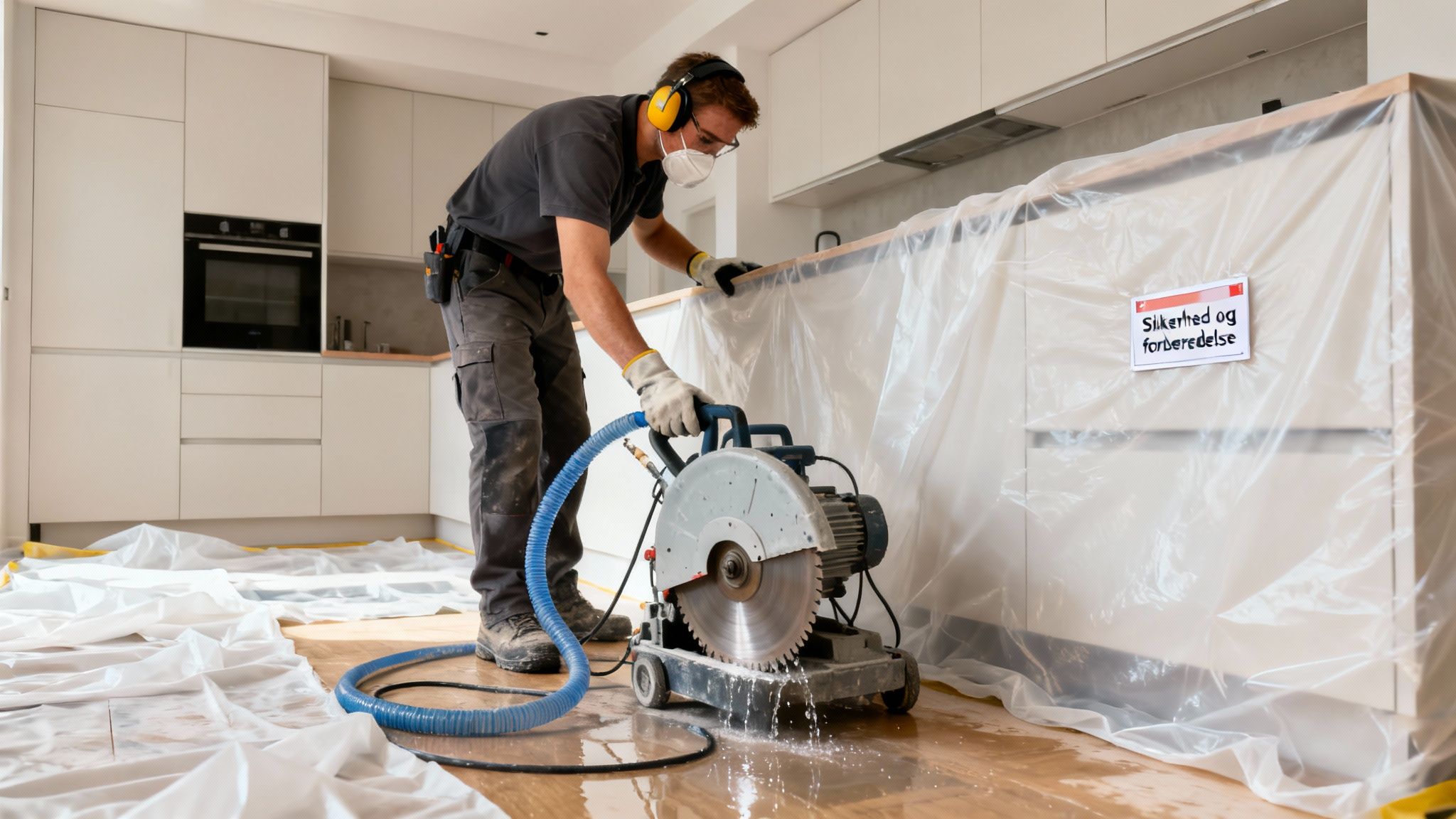 Mand skærer i bordplade med vådskærer i et beskyttet køkken, iført sikkerhedsudstyr.