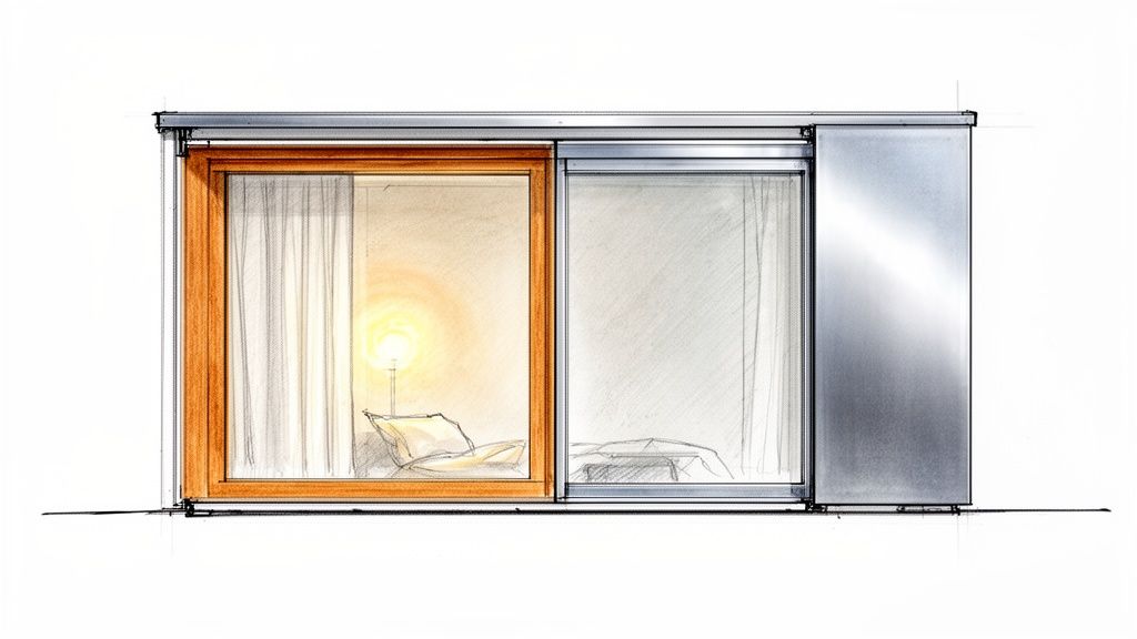 Detaljeret skitse af et moderne skydedørssystem med træramme og aluminiumspanel.