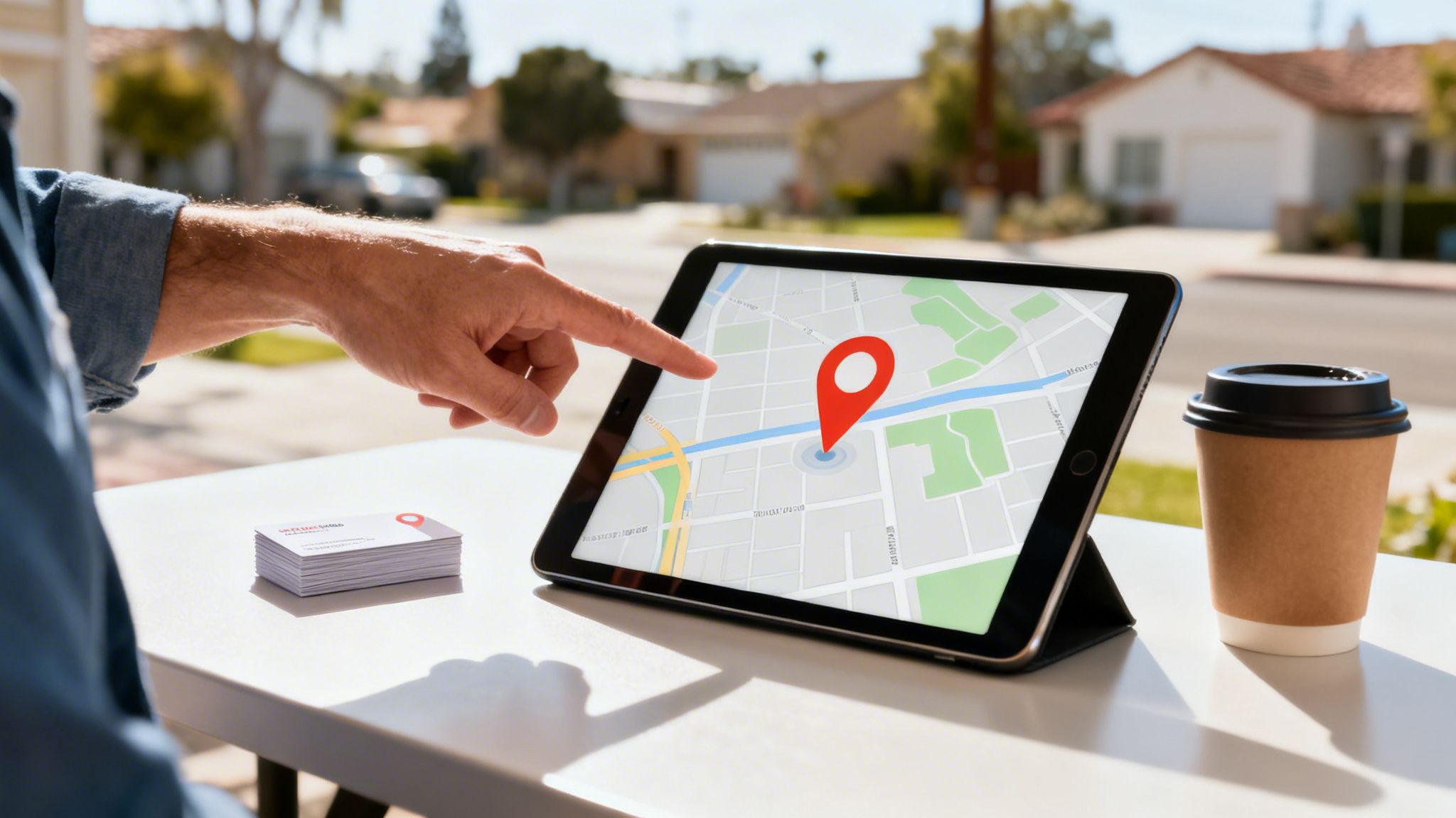 En hånd peger på et kort på en tablet, med visitkort og kaffe udendørs.
