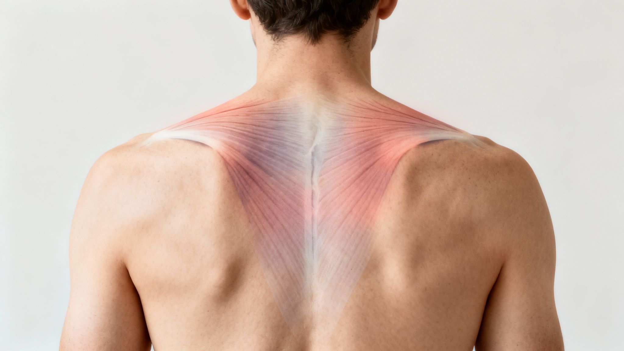 Mand set bagfra med fremhævede trapeziusmuskler, der indikerer smerte og betændelse i skuldre og nakke.