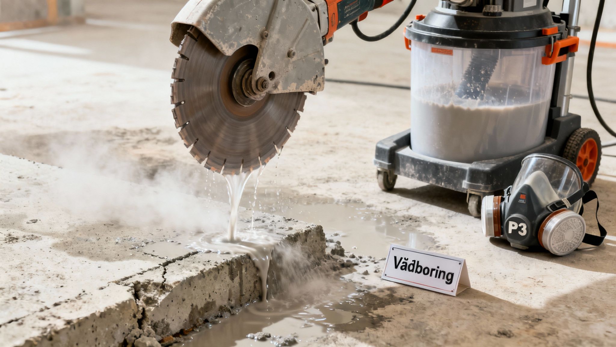 Vinkelsliber skærer i beton med vandkøling, skaber tåge. Vådstøvsuger og P3-åndedrætsværn er klar til brug.