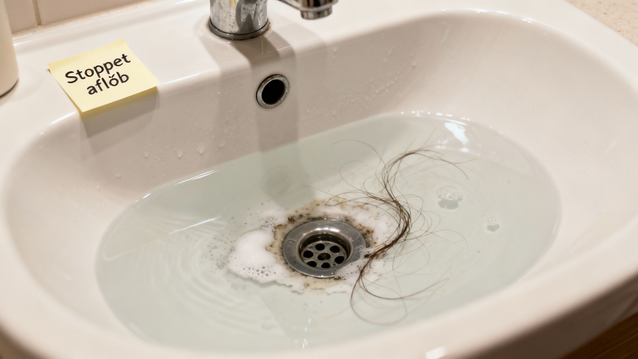 Håndvask med stoppet afløb, fyldt med vand og hår, og en gul post-it seddel på kanten.