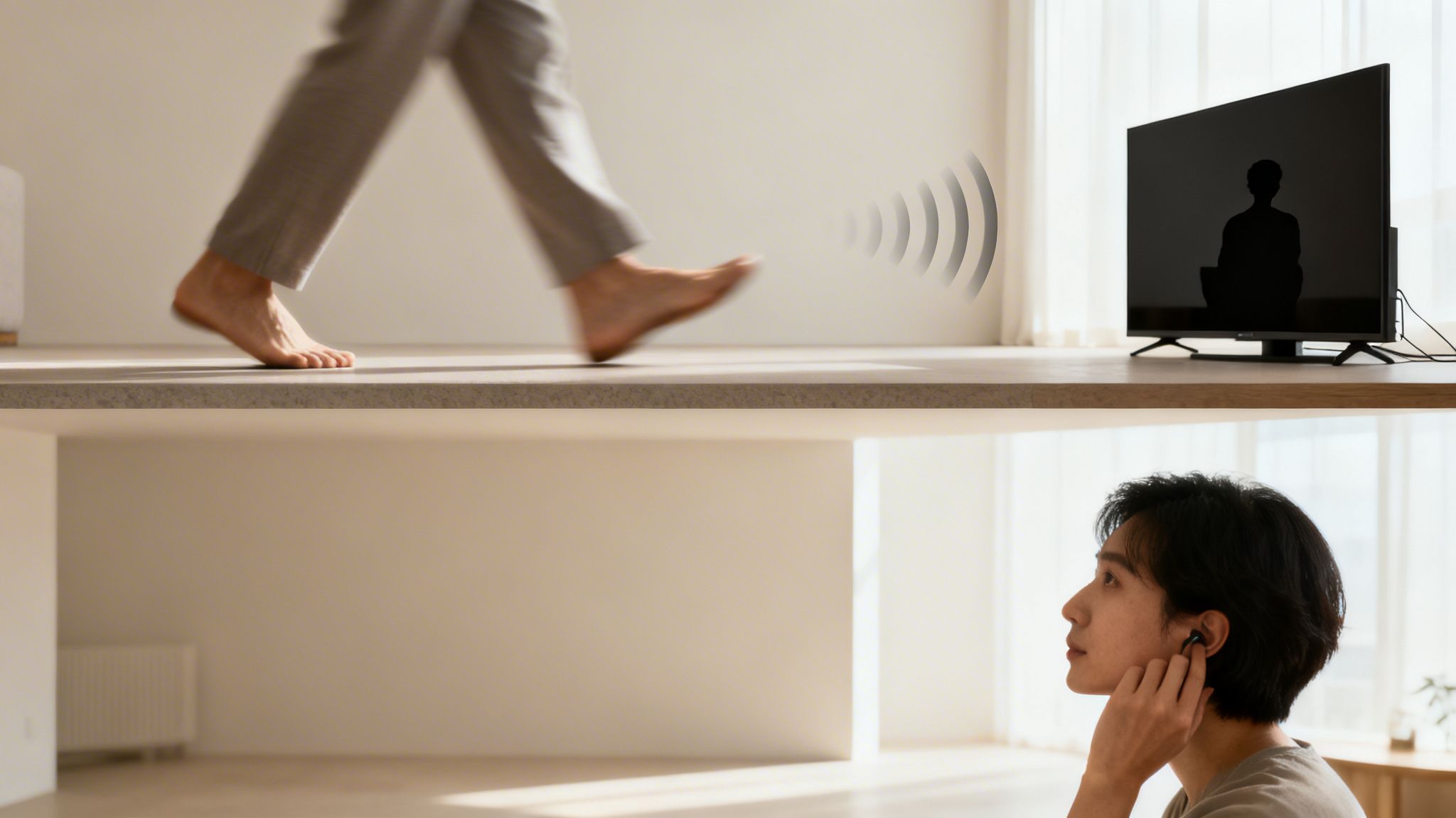 En person går barfodet på et gulv med lydbølger, mens en anden person lytter til musik med trådløse høretelefoner nedenunder.