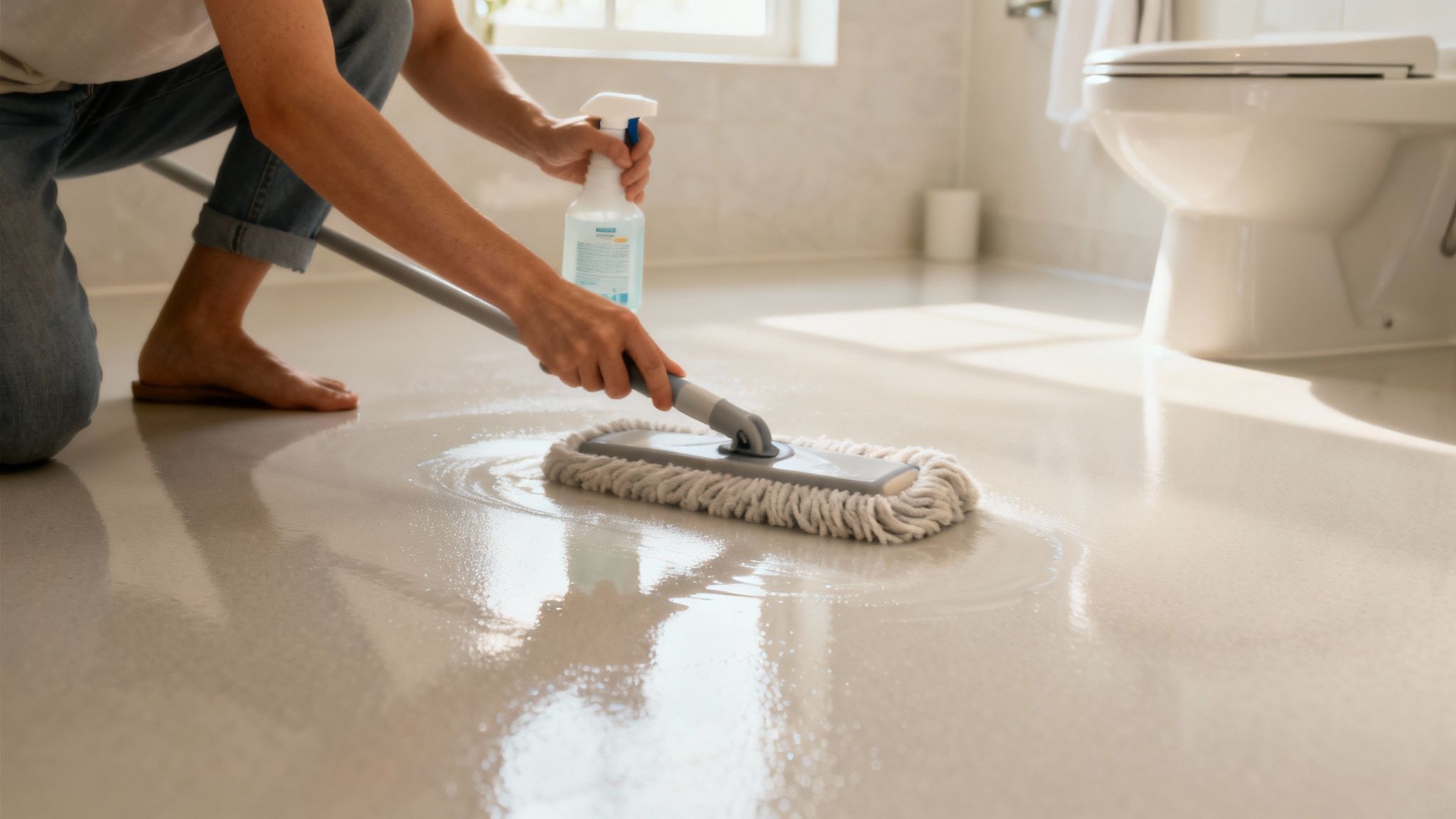 En person rengør et gråt epoxygulv med en moppe.