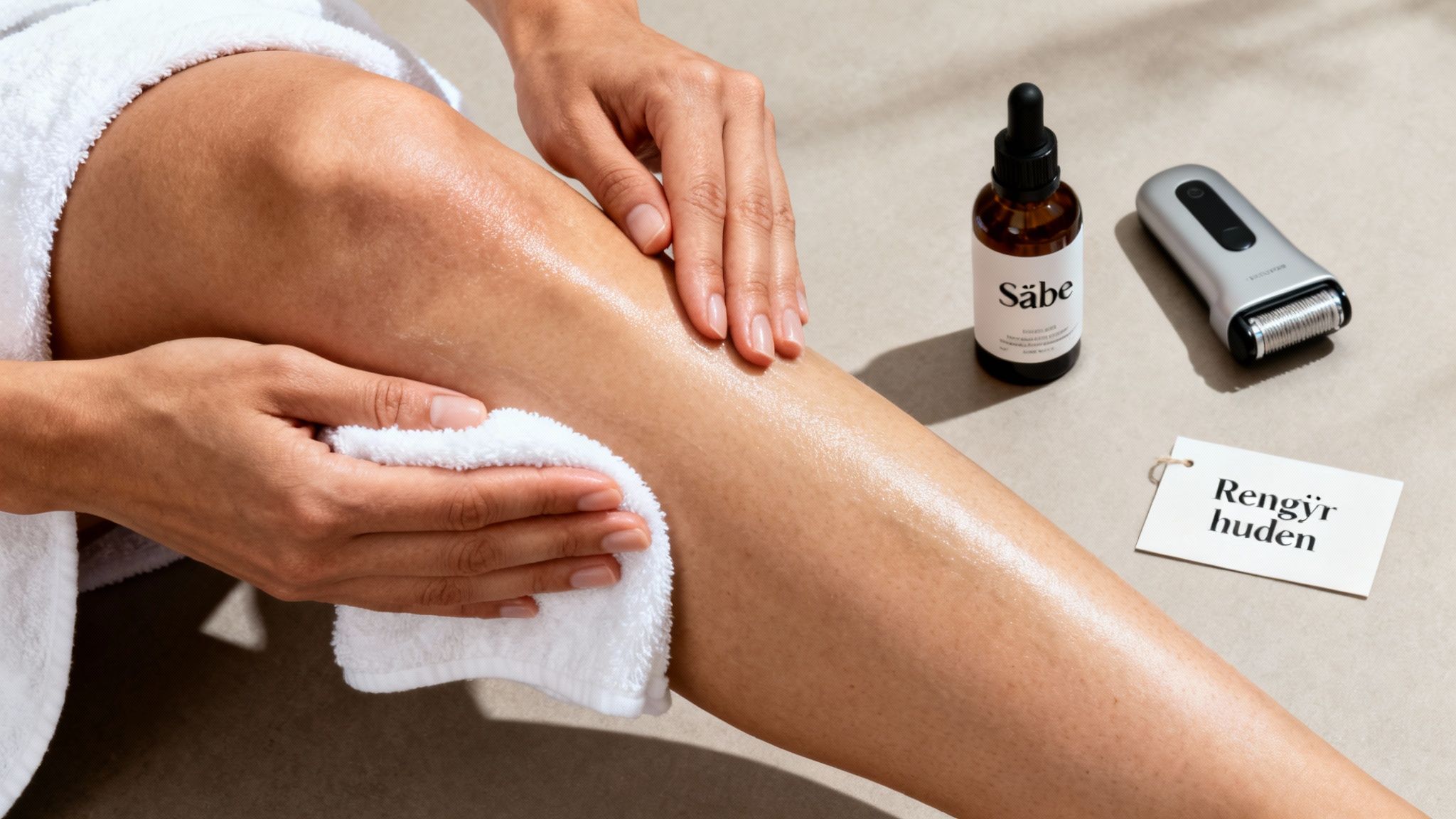 En person renser sit ben med et hvidt håndklæde, med hudplejeprodukter og en epilator ved siden af.