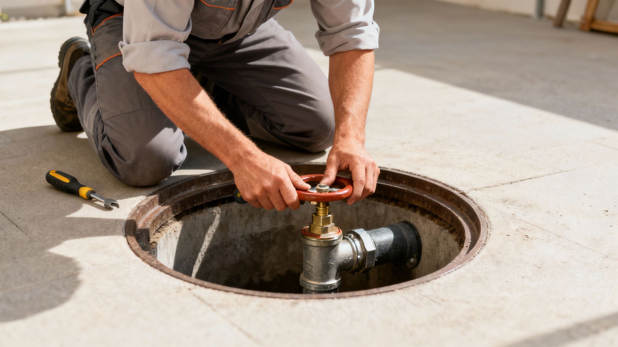 En kloakmester er ved at installere en rottespærre i en brønd.