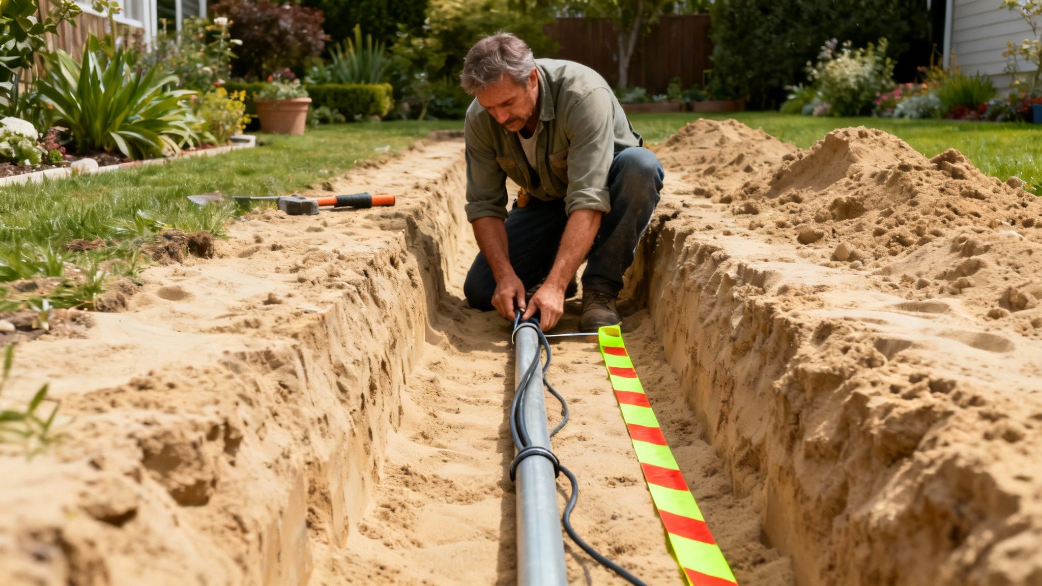 En mand installerer et kabel i en udgravet grøft i haven med jordbunker ved siden af.