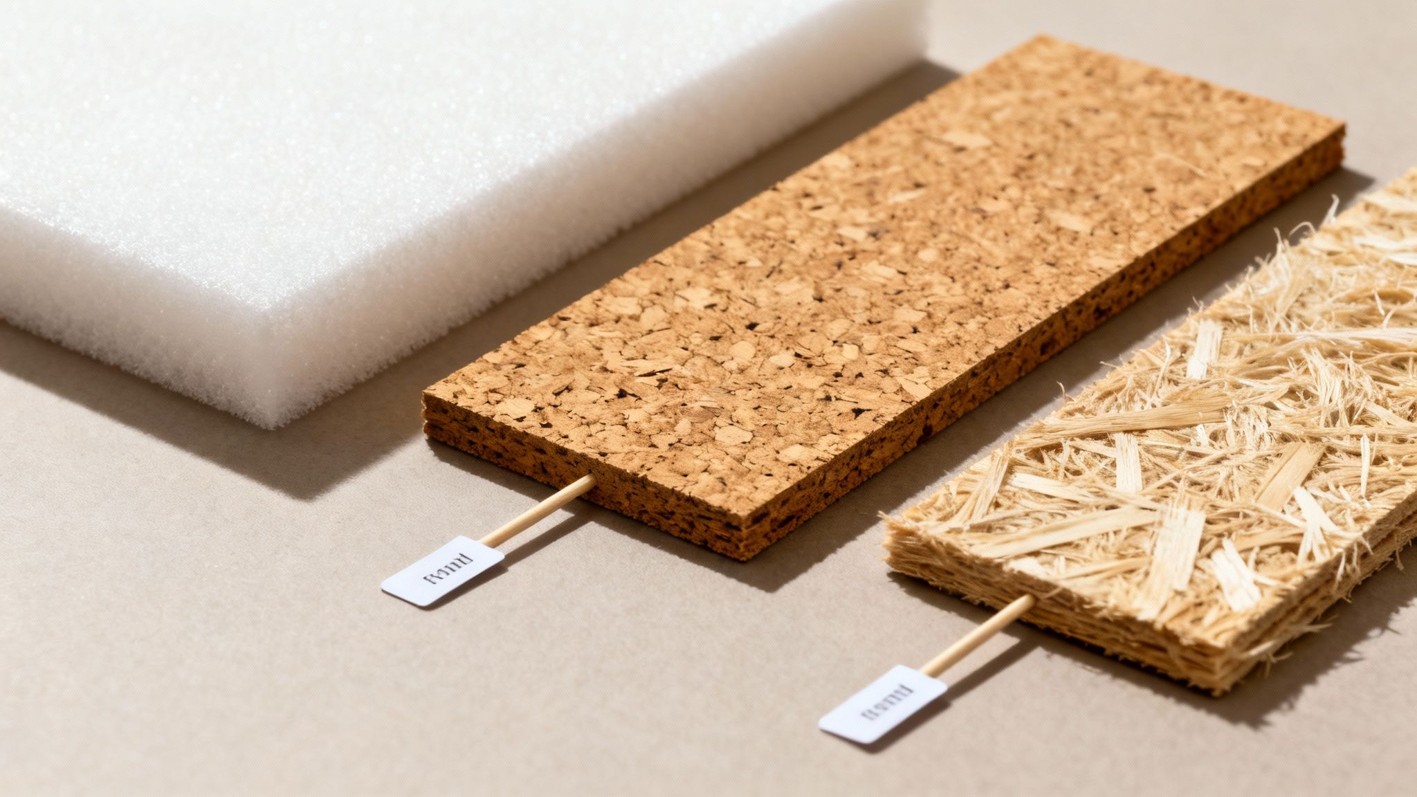 Tre forskellige gulvunderlag eller isoleringsmaterialer: hvid skum, kork og træfiber.