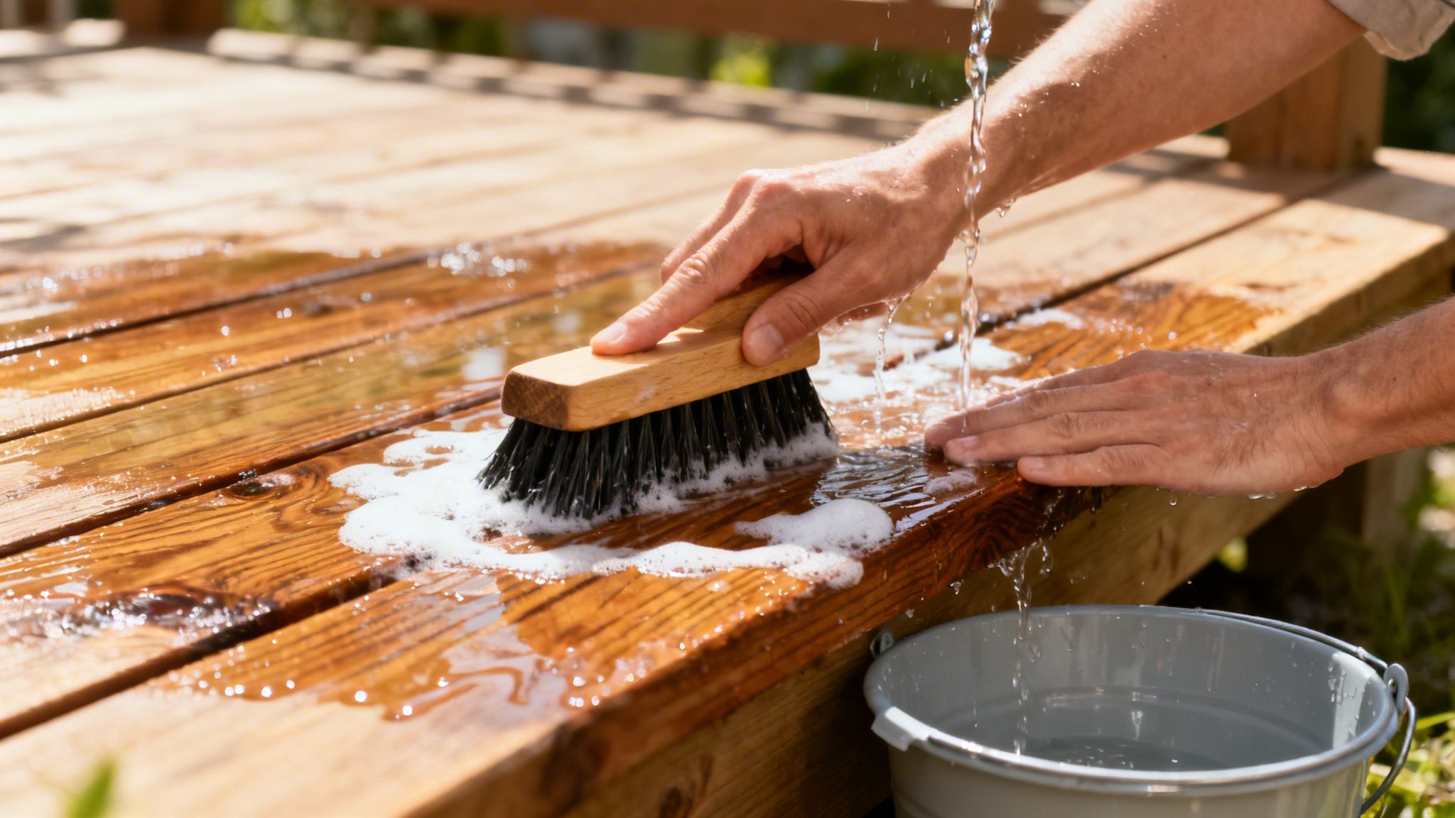 En person skrubber en terrasse af trykimprægneret træ med børste og sæbevand i solskin.