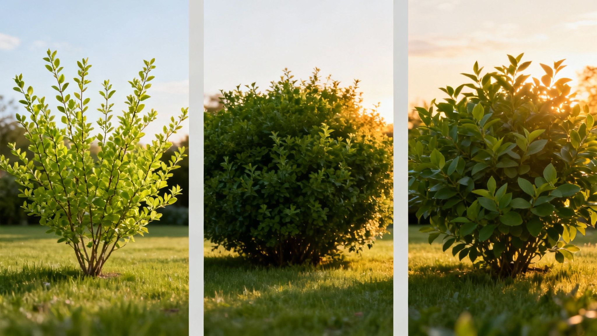 Tre forskellige grønne buske på en græsplæne med sollys, der skinner gennem bladene.