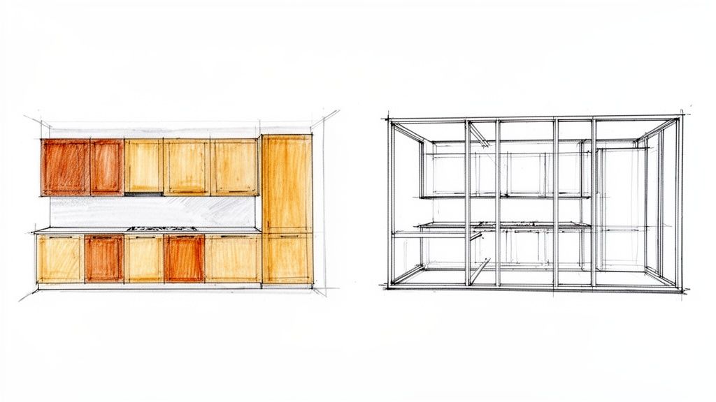 To håndtegnede skitser af køkkendesign, den ene farvet med skabe og komfur, den anden en strukturel tegning.