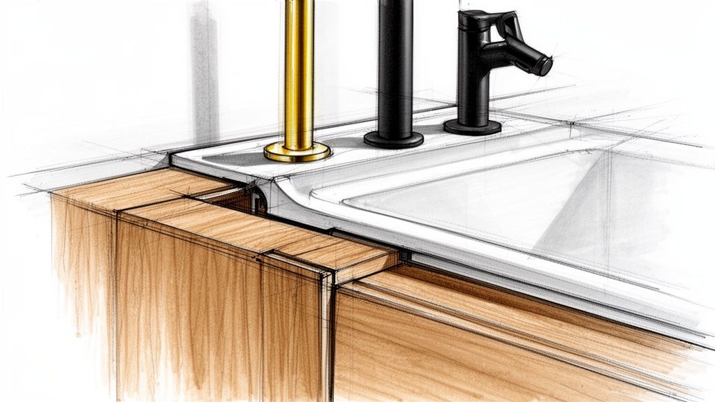 Detaljeret skitse af badeværelsesvask med sorte armaturer, gylden detalje og træbordplade.