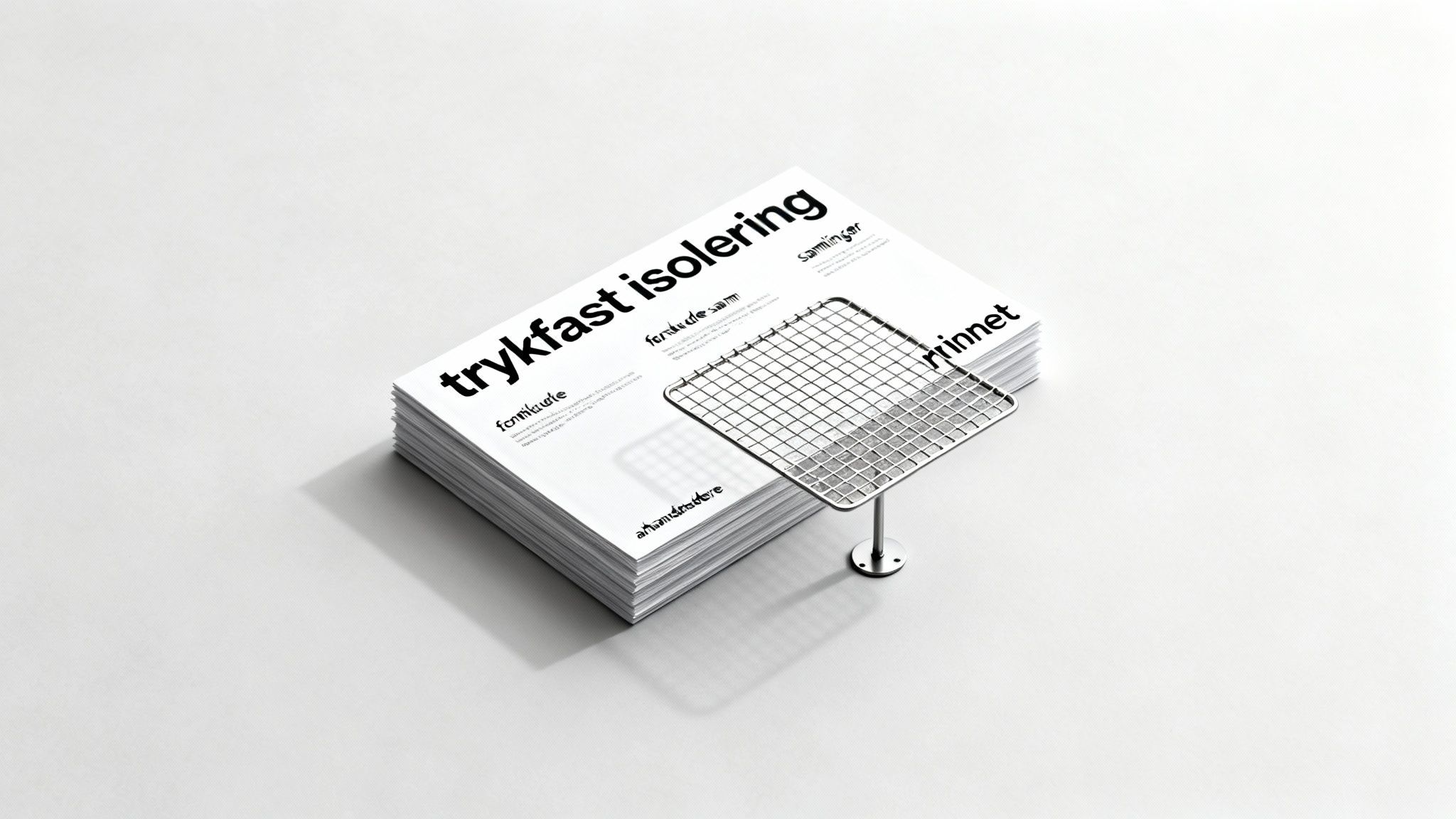 En stak hvide magasiner med teksten 'trykkfast isolering' og et lille metalgitterobjekt ved siden af.