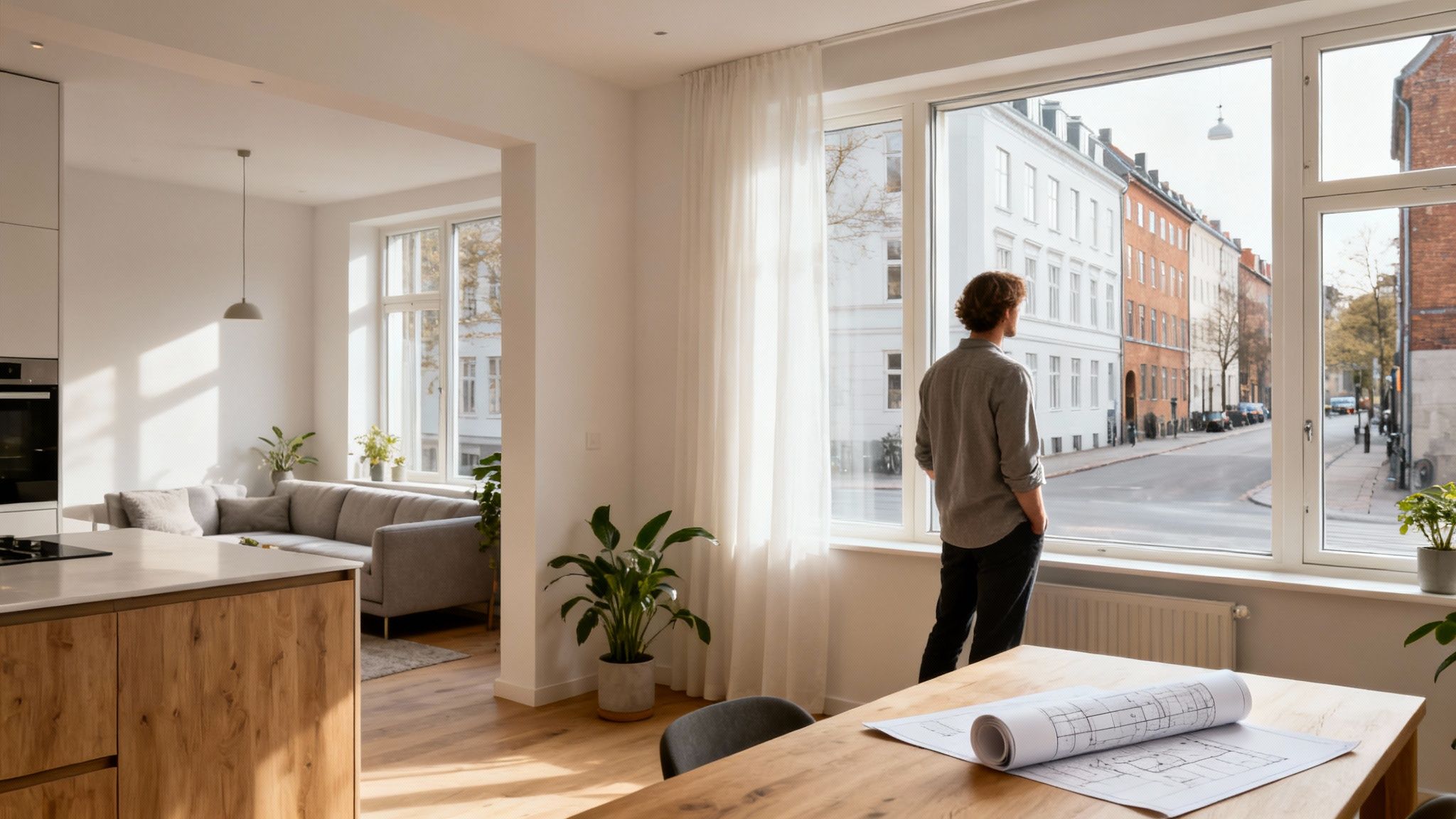 En mand kigger ud af vinduet fra en lys lejlighed med udsigt til en bygade og arkitekttegninger på bordet.