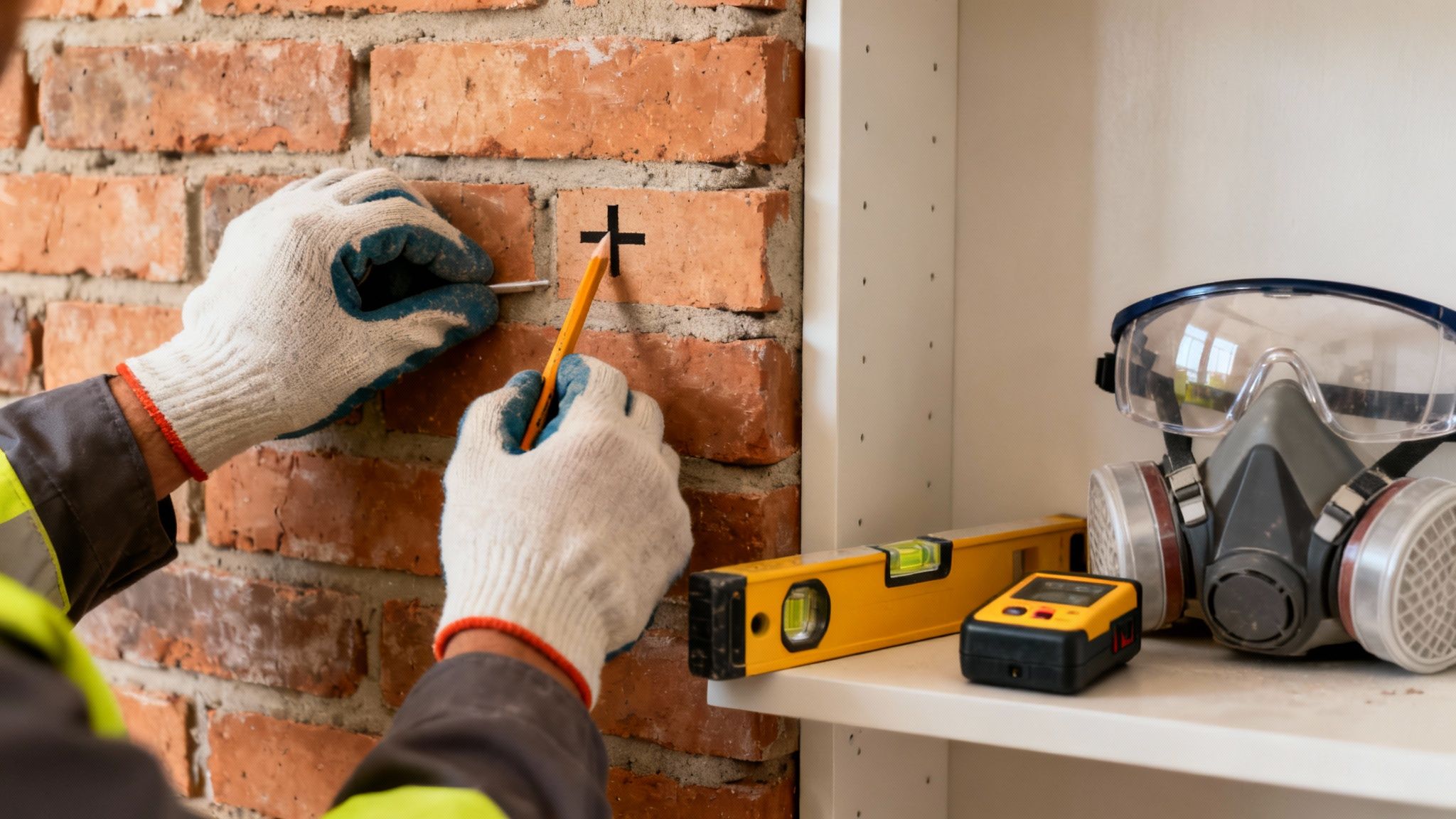 En person i arbejdshandsker markerer en murstensvæg med blyant. Tilbehør som vaterpas og maske ses på en hylde.
