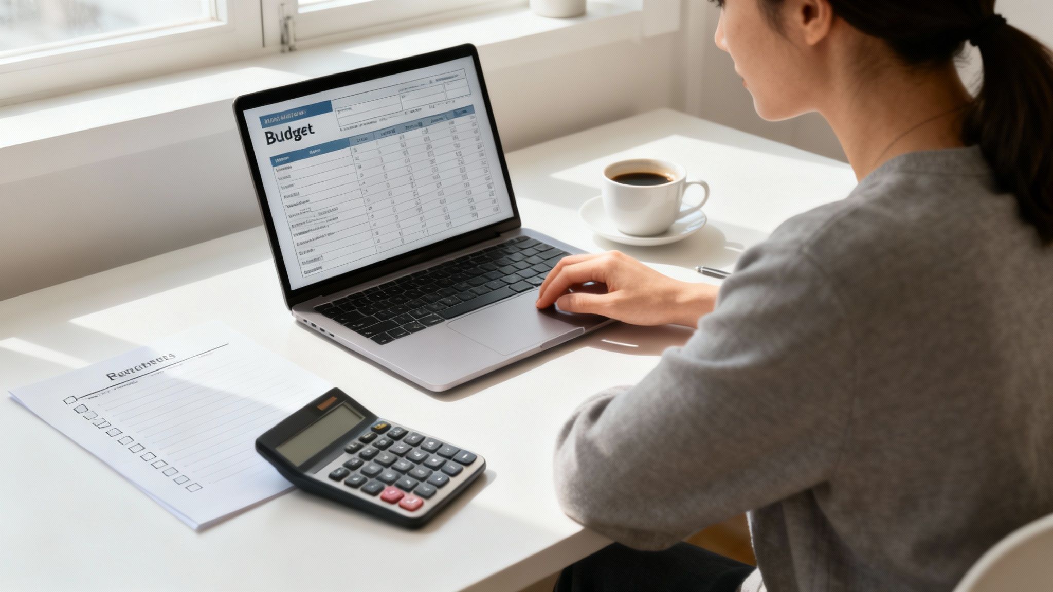 En person sidder ved et bord med en bærbar computer, plantegninger og materialeprøver til en badeværelsesrenovering