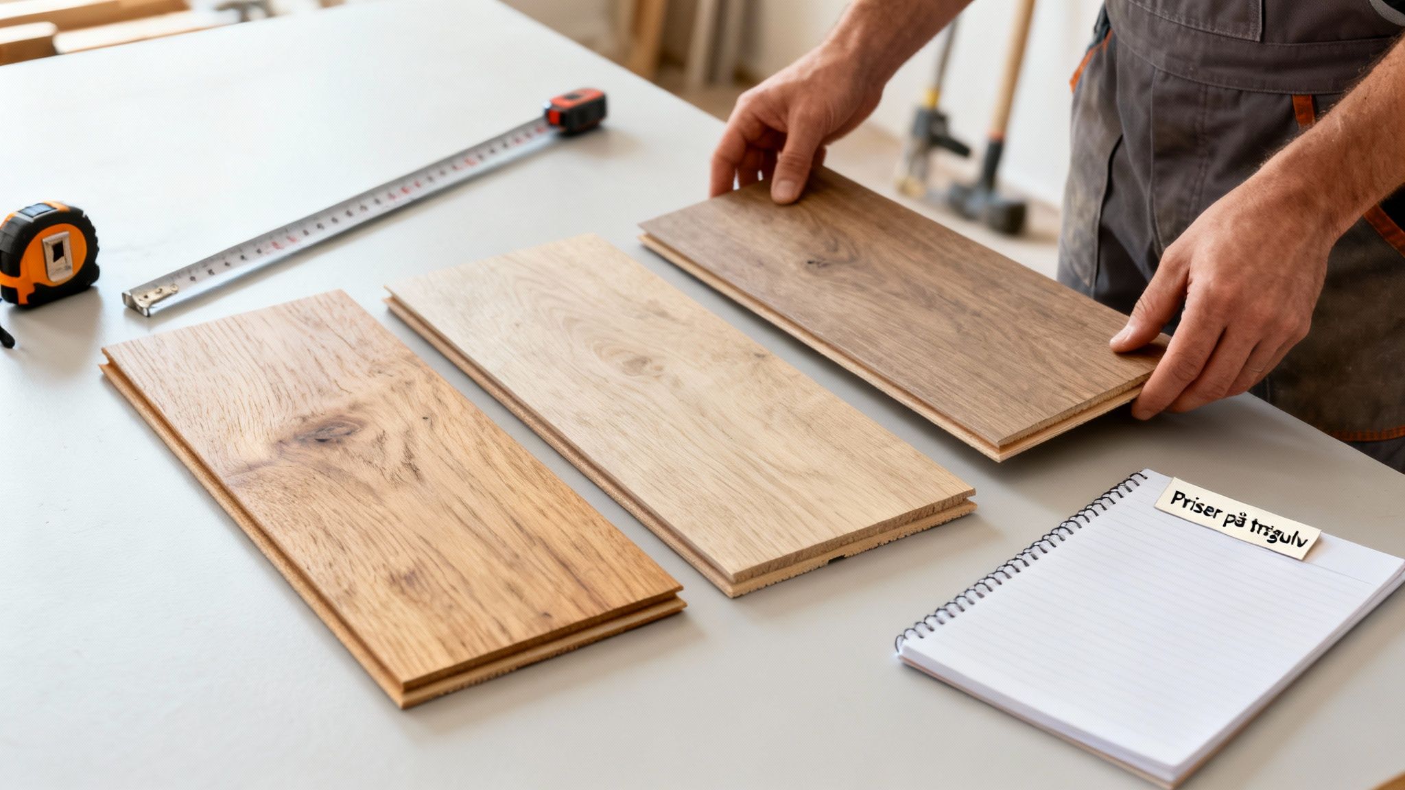 En person vælger mellem forskellige trægulvsprøver, med målebånd og notesbog på et bord.